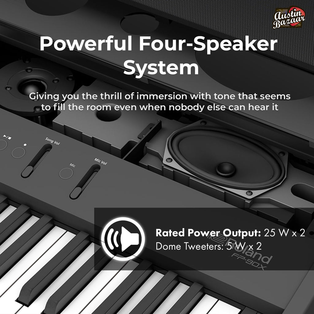Roland FP-90X 88-Key Digital Piano - White Bundle with KSC-90 Stand, Three Pedal Unit, Bench, Online Lessons, Instructional DVD, and Austin Bazaar Polishing Cloth