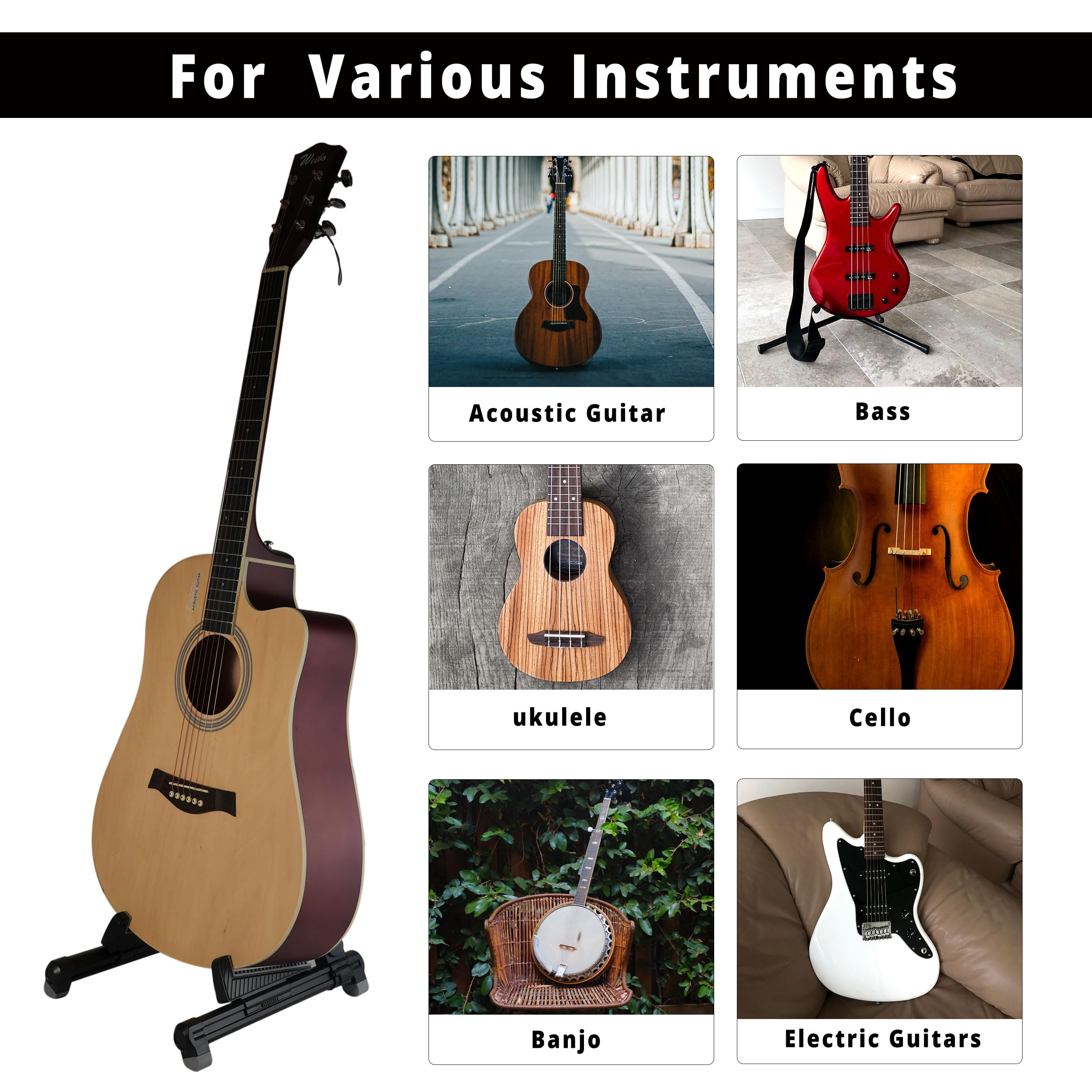 Guitar Stand,Wood Guitar Rack,A-Frame Folding Acoustic Electric Guitar Stands Floor for Bass,Cello,Banjo,Mandolin,Ukulele(Oak)