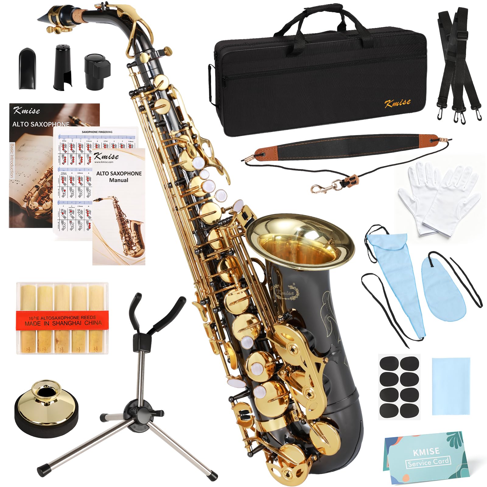 Kmise E Flat Alto Saxophone, Lightweight Saxophones for Students Beginner, Saxofon Full Kit with Portable Case, Sax Stand, Strap, Reeds, Beginner's Guides, Mute, Cleaning Kit (Gold Lacquer)