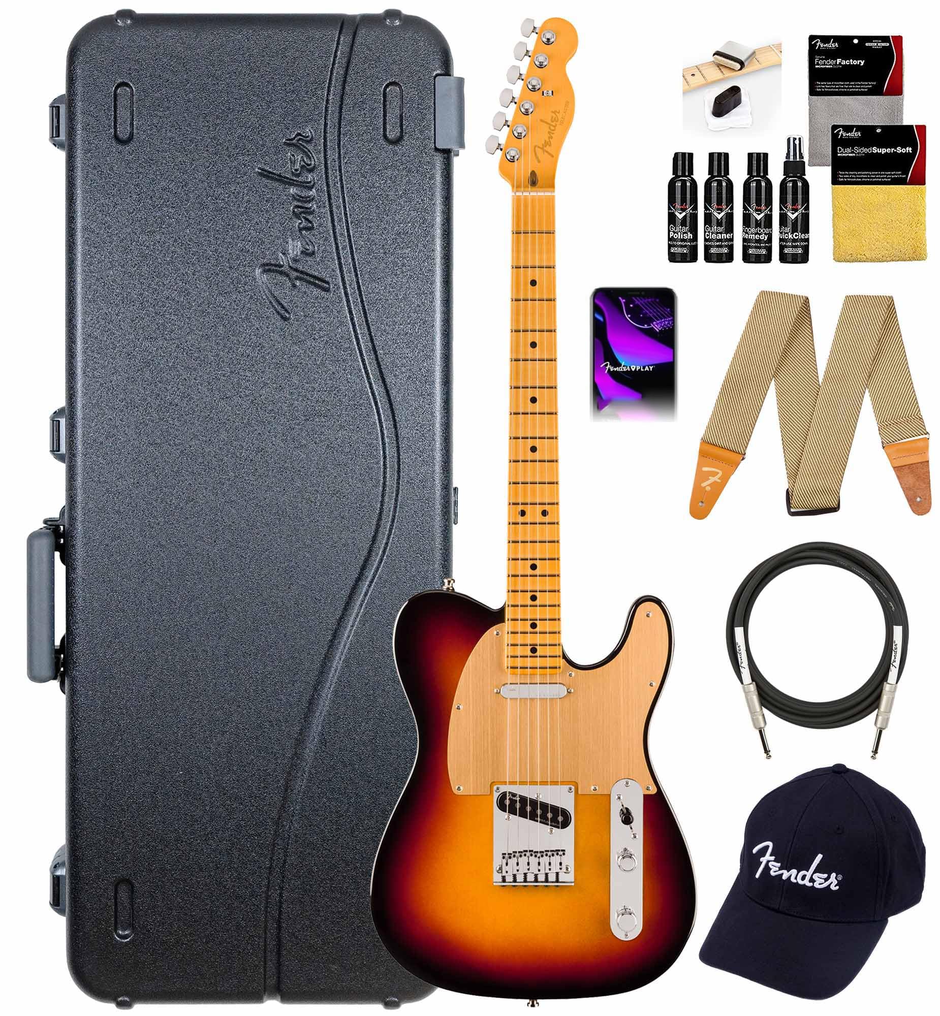 Fender American Ultra II Telecaster - Avalanche Bundle with Case, Strap, Cable, Hat, and Guitar Cleaning Kit