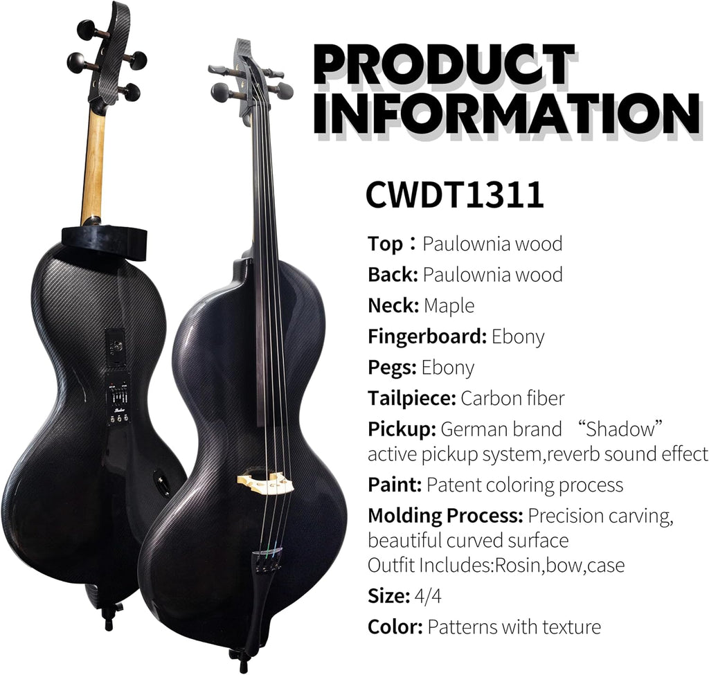 TARIO Full Size 4/4 Electric Cello with Shadow Active Pickup, Ebony Fingerboard, Textured Carbon Fiber-Pattern Finish – Paulownia Body, Reverb Effect, Bow, Rosin & Case Included