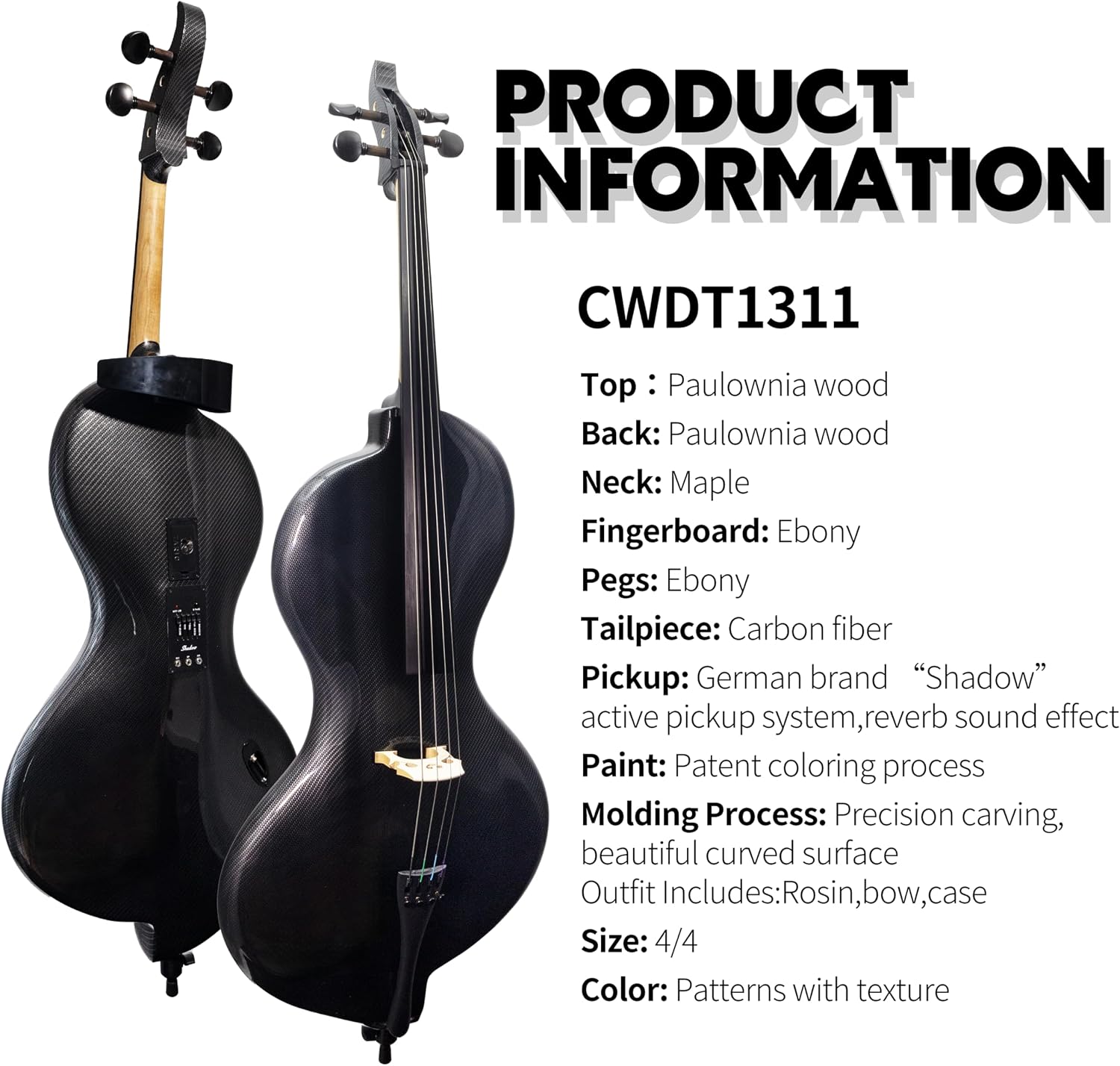 TARIO Full Size 4/4 Electric Cello with Shadow Active Pickup, Ebony Fingerboard, Textured Carbon Fiber-Pattern Finish – Paulownia Body, Reverb Effect, Bow, Rosin & Case Included