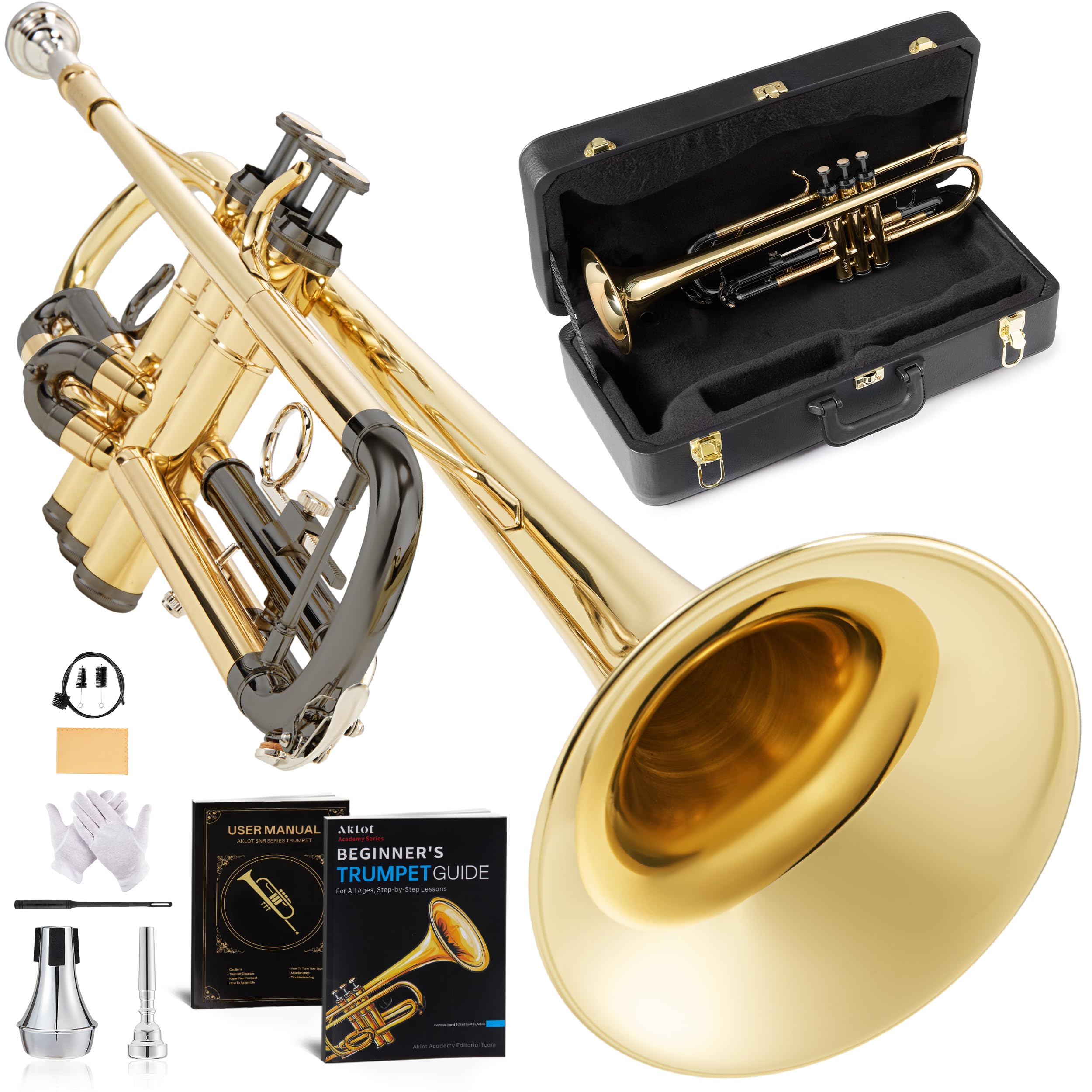 AKLOT Hand-Hammered Bell Bb Trumpet: Smooth Valve Action, Clear-Lacquered Brass Body, Standard Trumpet Beginner Set with Leather Case, Lesson Book, Trumpet Mute, Mouthpiece, Cleaning Kit (SNR-BrzSF)