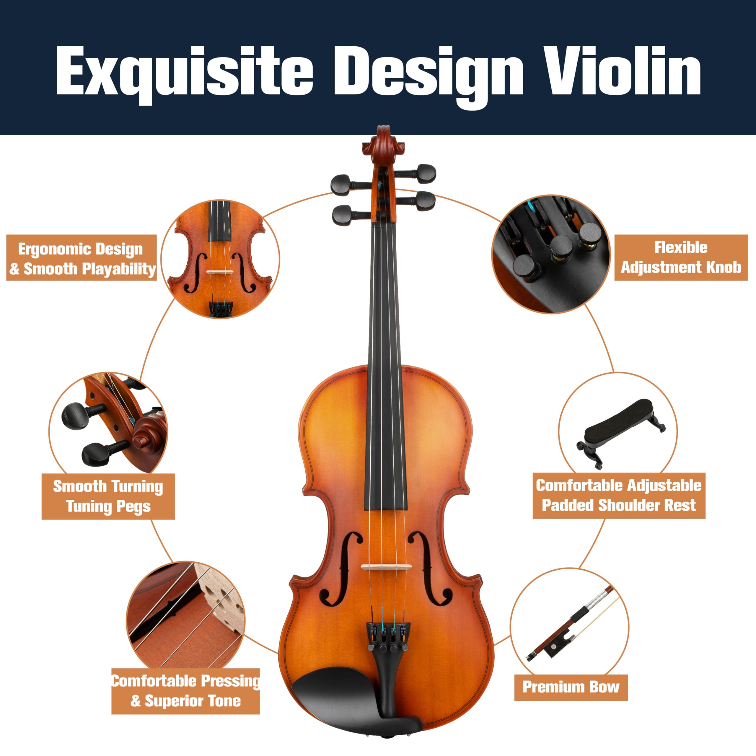 Mendini By Cecilio Violin 4/4 Full Size For Beginners - Fiddle Solidwood Kit with Hard Case - Acoustic Violins with Bow, Rosin, Tuner, Extra Strings & Bridge, Shoulder Rest and Lesson Book (Varnish)