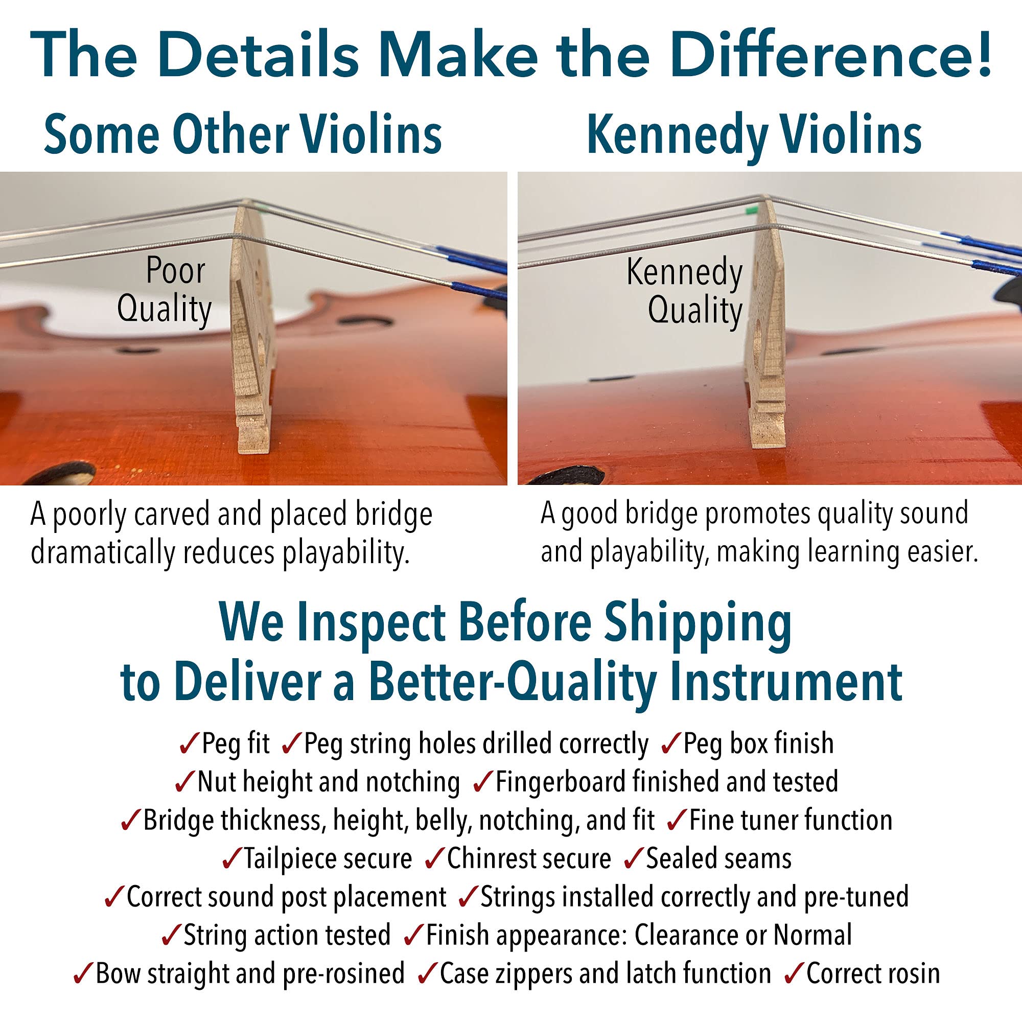 Bunnel Premier Violin Outfit 4/4 Full Size - Carrying Case and Accessories Included - Solid Maple Wood and Ebony Fittings By Kennedy Violins