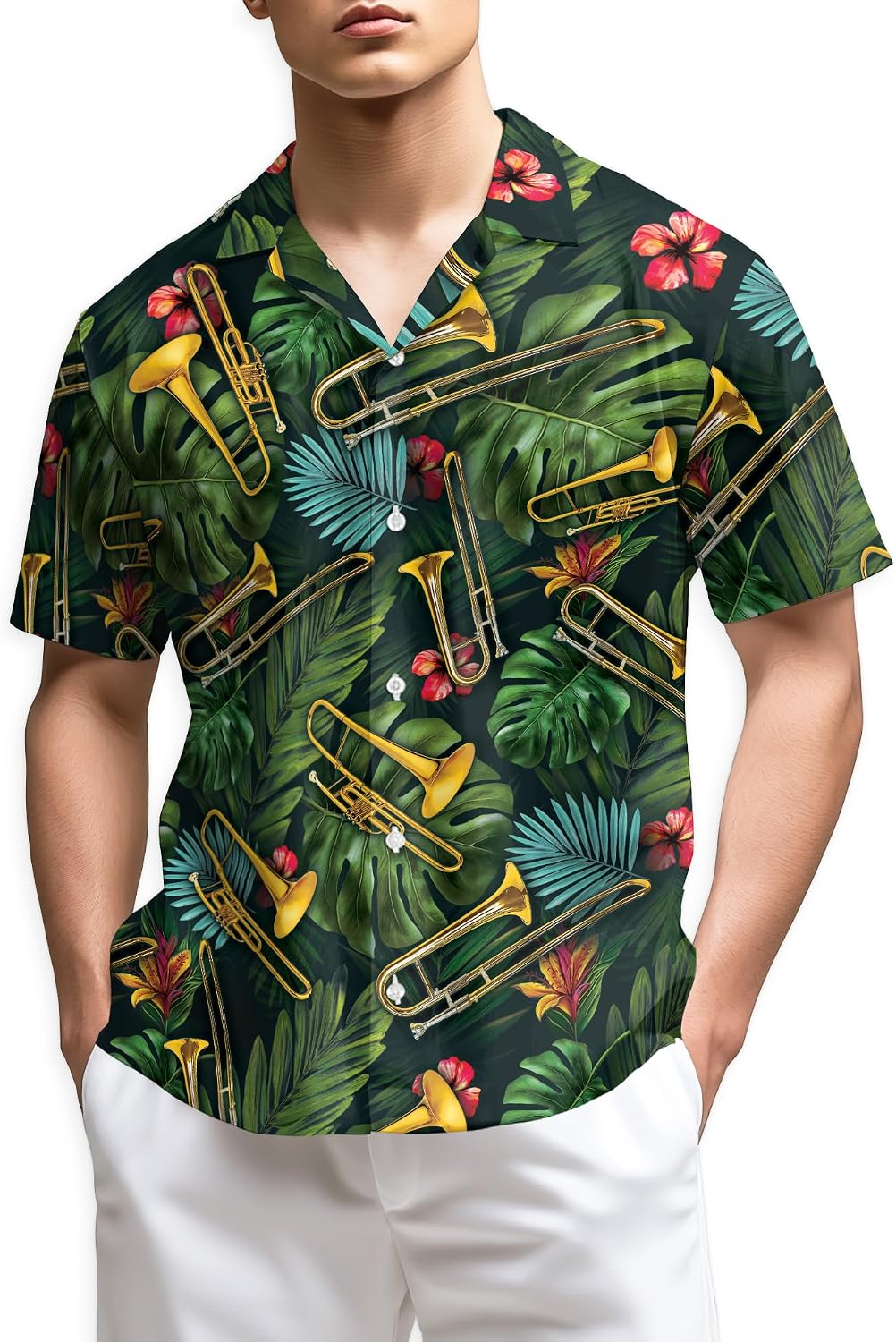 Trombone Pattern Hawaiian Shirt for Men, Summer Vacation Button Down Shirt, Aloha Beach Short Sleeve Shirt, S-5XL