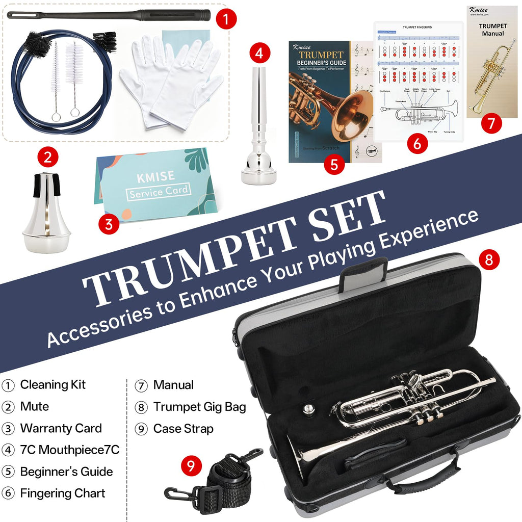 Kmise Bb Standard Trumpet, Premium Brass Trumpets for Student Beginner, Trumpet Instrument Set with Upgraded Case, 7C Mouthpiece, Mute, Beginner's Guide Kit, Cleaning Kit (Gold)