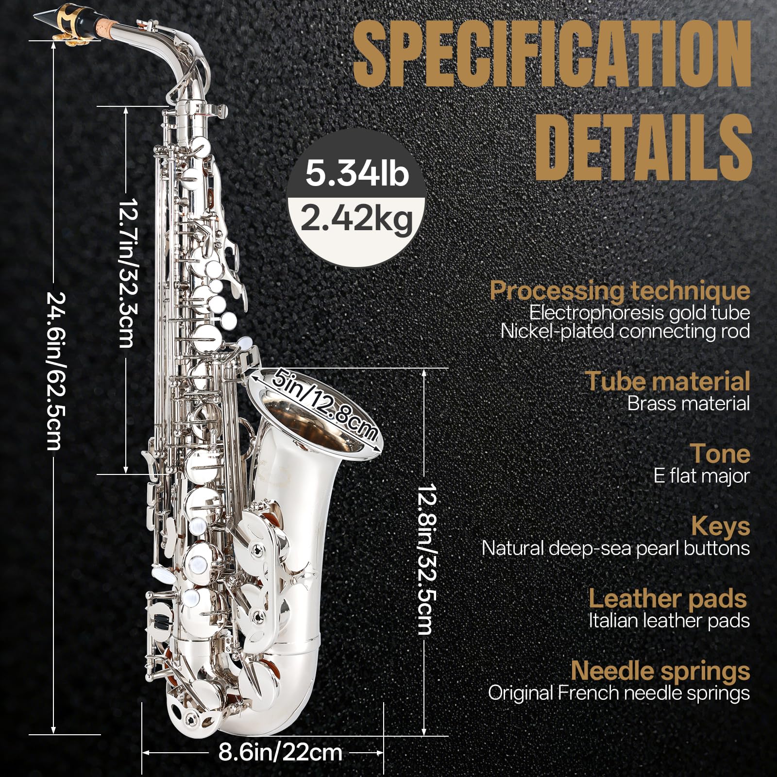 Kmise E Flat Alto Saxophone, Lightweight Saxophones for Students Beginner, Saxofon Full Kit with Portable Case, Sax Stand, Strap, Reeds, Beginner's Guides, Mute, Cleaning Kit (Gold Lacquer)