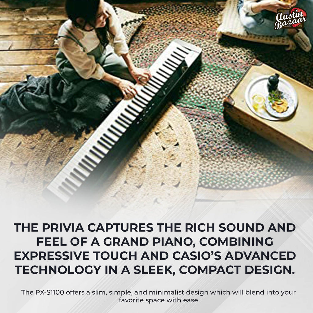 Casio PX-S1100 Privia Digital Piano - Black Bundle with CS-68 Furniture Stand, SP-34 Three Pedal System, Furniture Bench, Instructional Book, Instructional Video, and Austin Bazaar Polishing Cloth