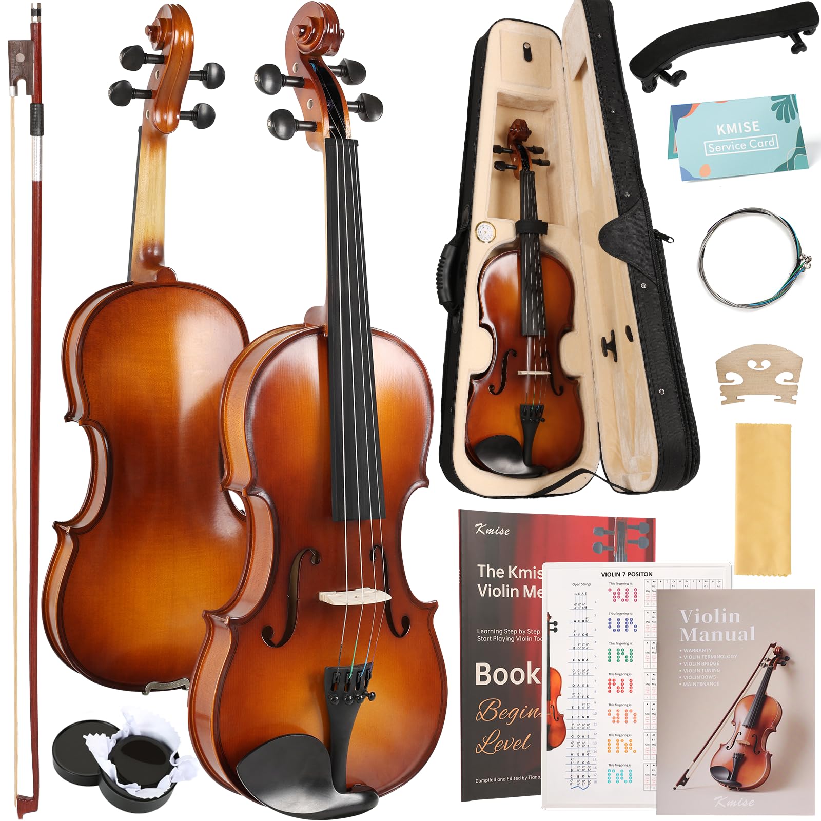 Kmise Violin 4/4 Full Set, Fingerboard Fret Markings Violins, Matte Acoustic Fiddle for Adults, Beginners, Students with Violin Case, Rosin, Strings, Bow, Shoulder Rest, Beginner's Guide (Matte, 4/4)