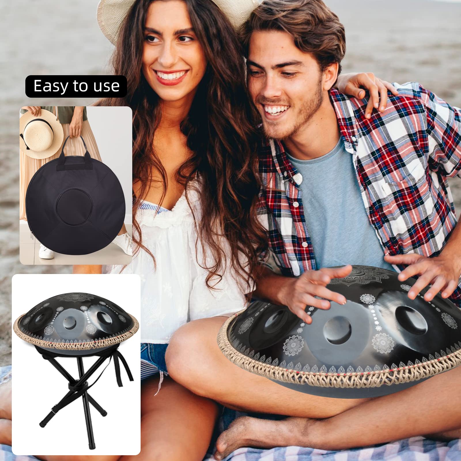 Handpan Drum 22 Inches D Minor Kurd, 432Hz 10 Notes Hand Drum Instrument, Premium Steel Drum, Handpan Instrument for Adults (Gold)