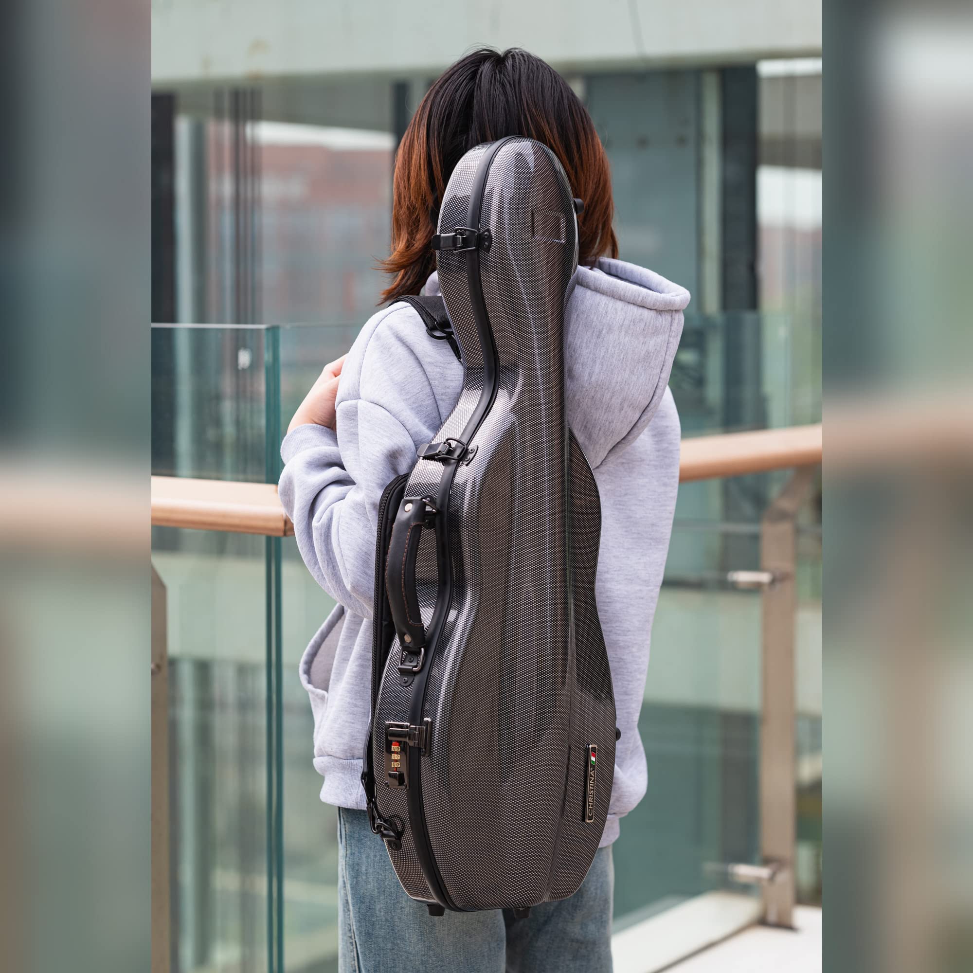 Christina violin case 4/4 Full Size Violin case High-Strength Carbon Fiber Pear-Shaped Violin Music Bag With Combination Lock and Extra Bag Gray Violin Hard Case (VB-Random type-SilveryGray spot)