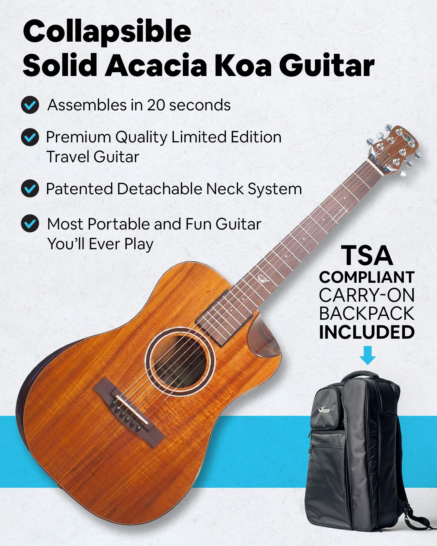 Journey Instruments Solid Sitka Acoustic Collapsible Travel Guitar PJ410N | Traveling Acoustic Guitar with Collapsible Patented System, Portable Backpack Case (African Mahogany)