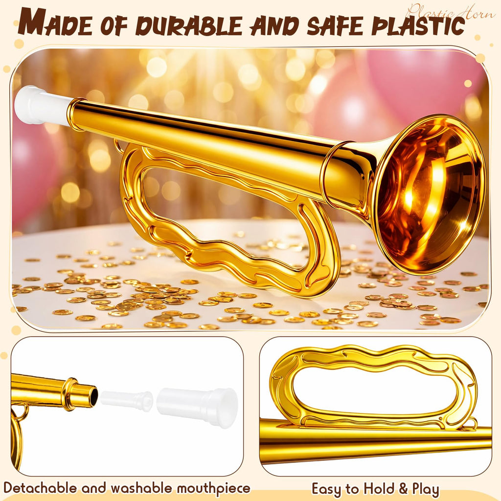 Lewtemi Gold Trumpet Musical Instruments Toy for Kid Toddler Fake Plastic Preschool Music Toy Gift Non-Professional Wind Instrument Early Educational Teaching Songs Gifts for Toddlers Children