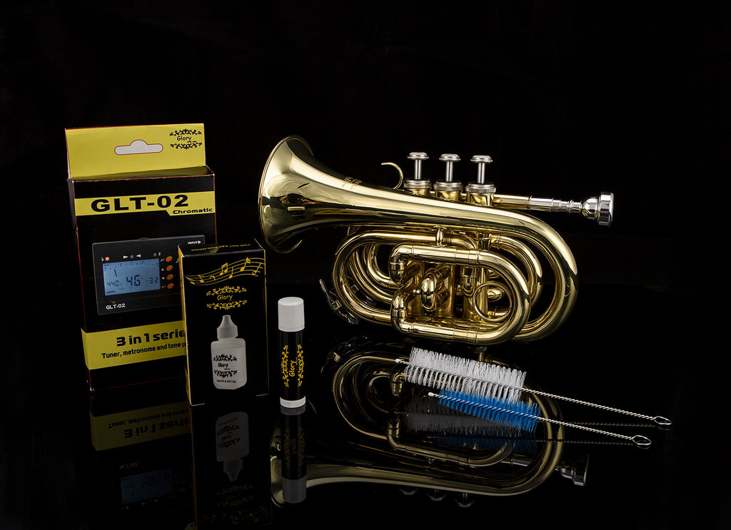Glory Bb Pocket Trumpet with Case,Cleaning Cloth, Gloves, Black