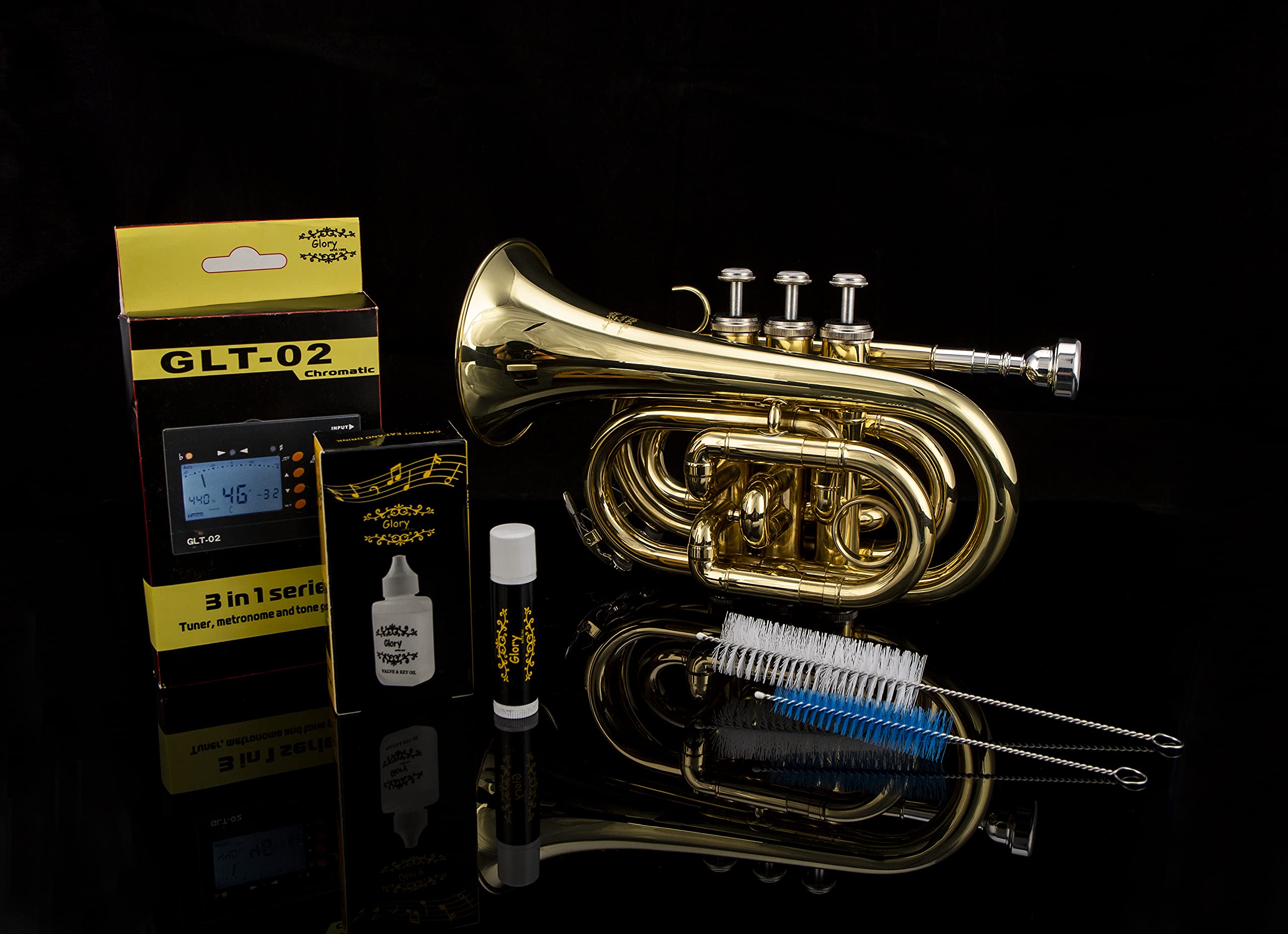 Glory Bb Pocket Trumpet with Case,Cleaning Cloth, Gloves, Black