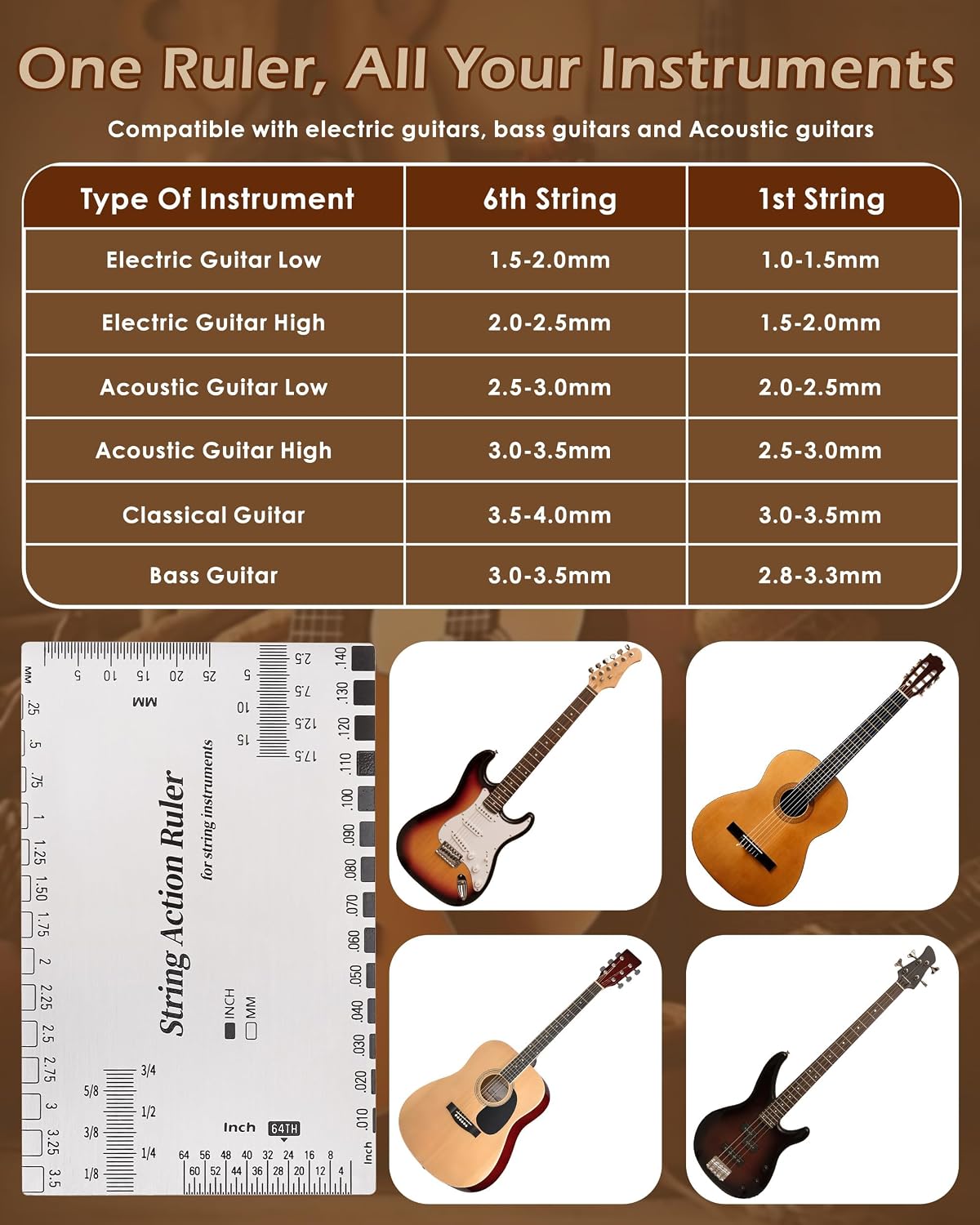 Guitar String Action Gauge Ruler, Professional Setup Tool with Dual mm and 1/64" Scales - for Electric, Acoustic, Bass Guitars - Includes Measurement Chart & Protective Sleeve
