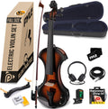 Pyle Full Size Electric Violin Kit - 4/4 Solid Wood Silent Fiddle with Hard Case, Bow, Ebony Fittings, and Digital Tuner