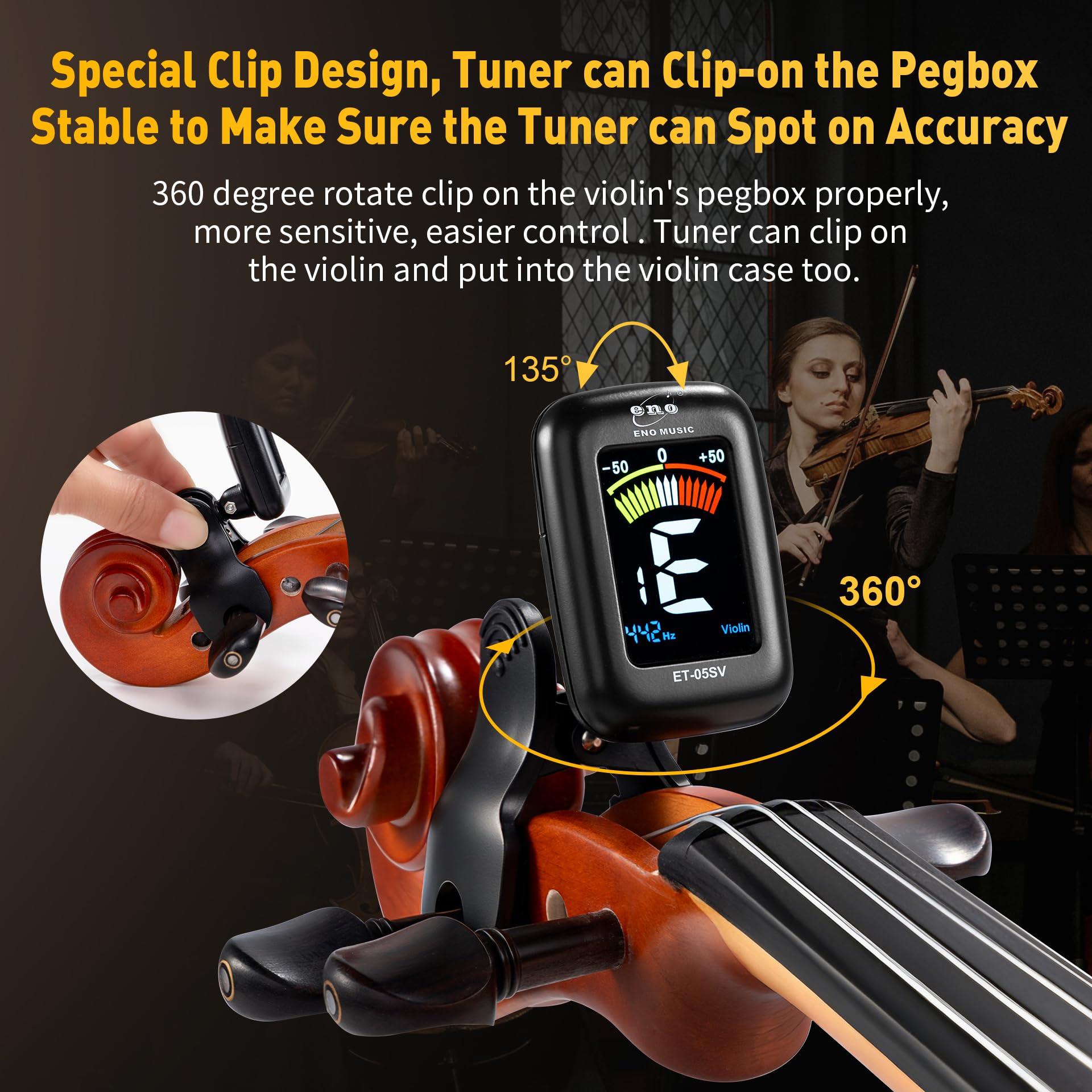 ENO MUSIC Rechargeable Type-C Quick Charge Easy Control Big LCD Display Easy Reading Clip-on Tuner for 4/4 Violin Viola Bass, Red