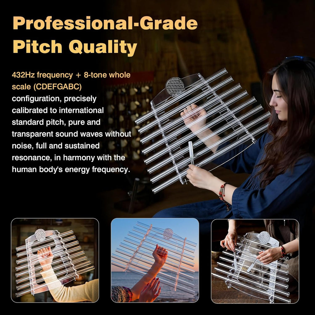 432Hz 8 Note CDEFGABC Quartz Crystal Singing Harp,Including Bracket Alumina Carrry Case for Sound Bath and Meditatiion
