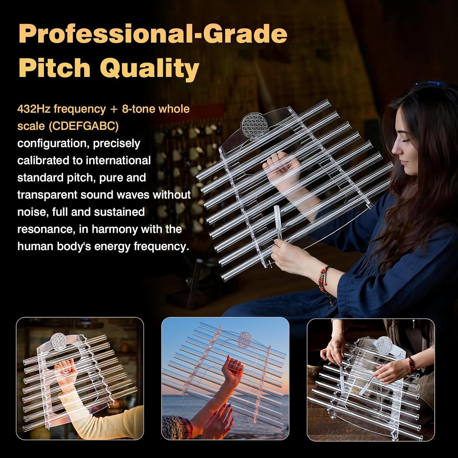 432Hz 8 Note CDEFGABC Quartz Crystal Singing Harp,Including Bracket Alumina Carrry Case for Sound Bath and Meditatiion