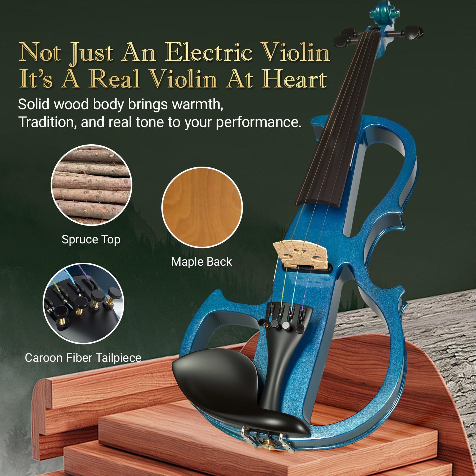 Cobalt Blue Silent Electric Violin 4/4 Full Size, Acoustic-Electric Violin for Beginners & Students, Quiet Practice with Headphones, High-Fidelity Pickup, Complete Starter Kit