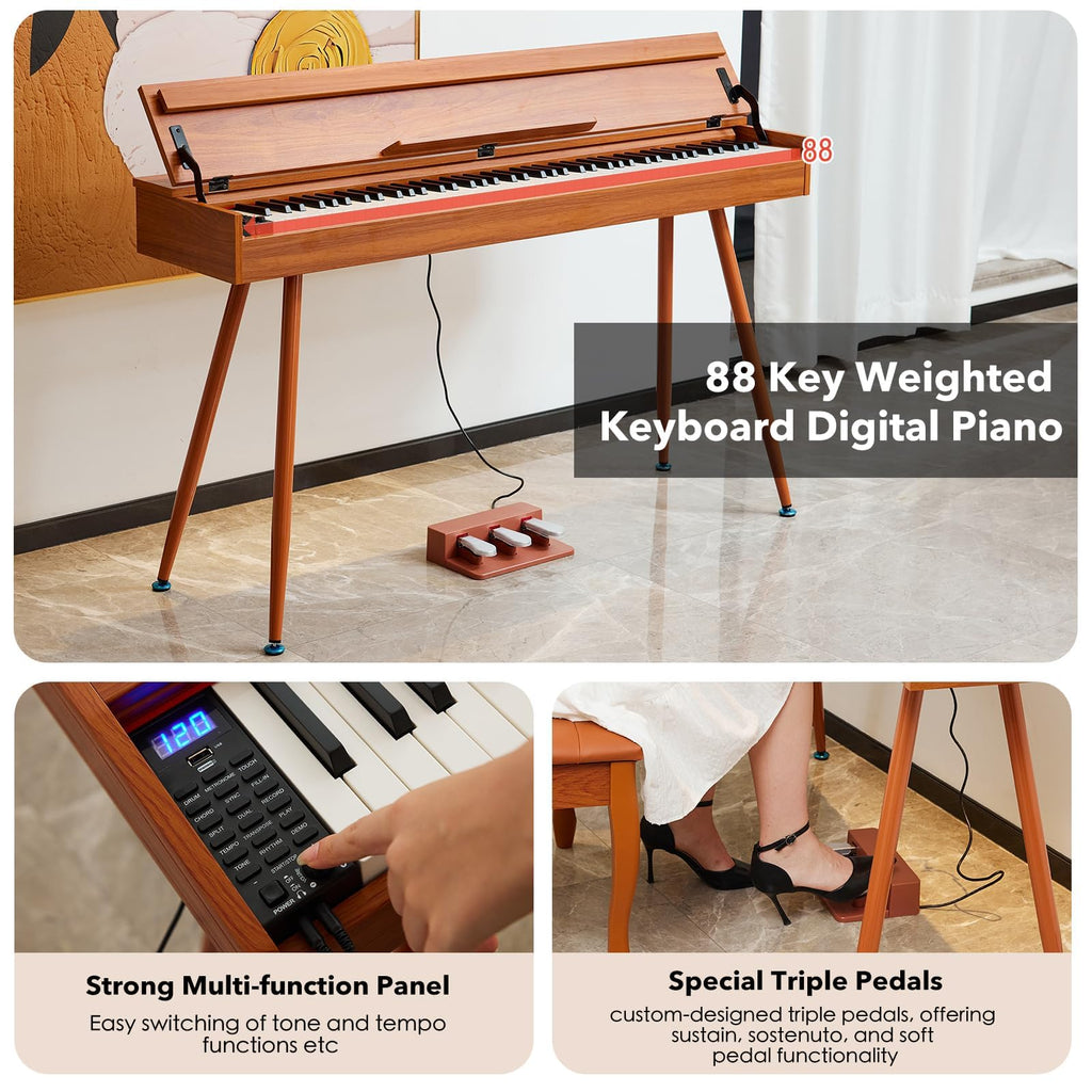 Digital Piano 88 Key Weighted Keyboard,Full-Size Desk Progressive Hammer-Action Electric Piano For Beginners, With Sheet Music Stand, Pedal,Power Adapter, Headphone Mode, Usb-Midi