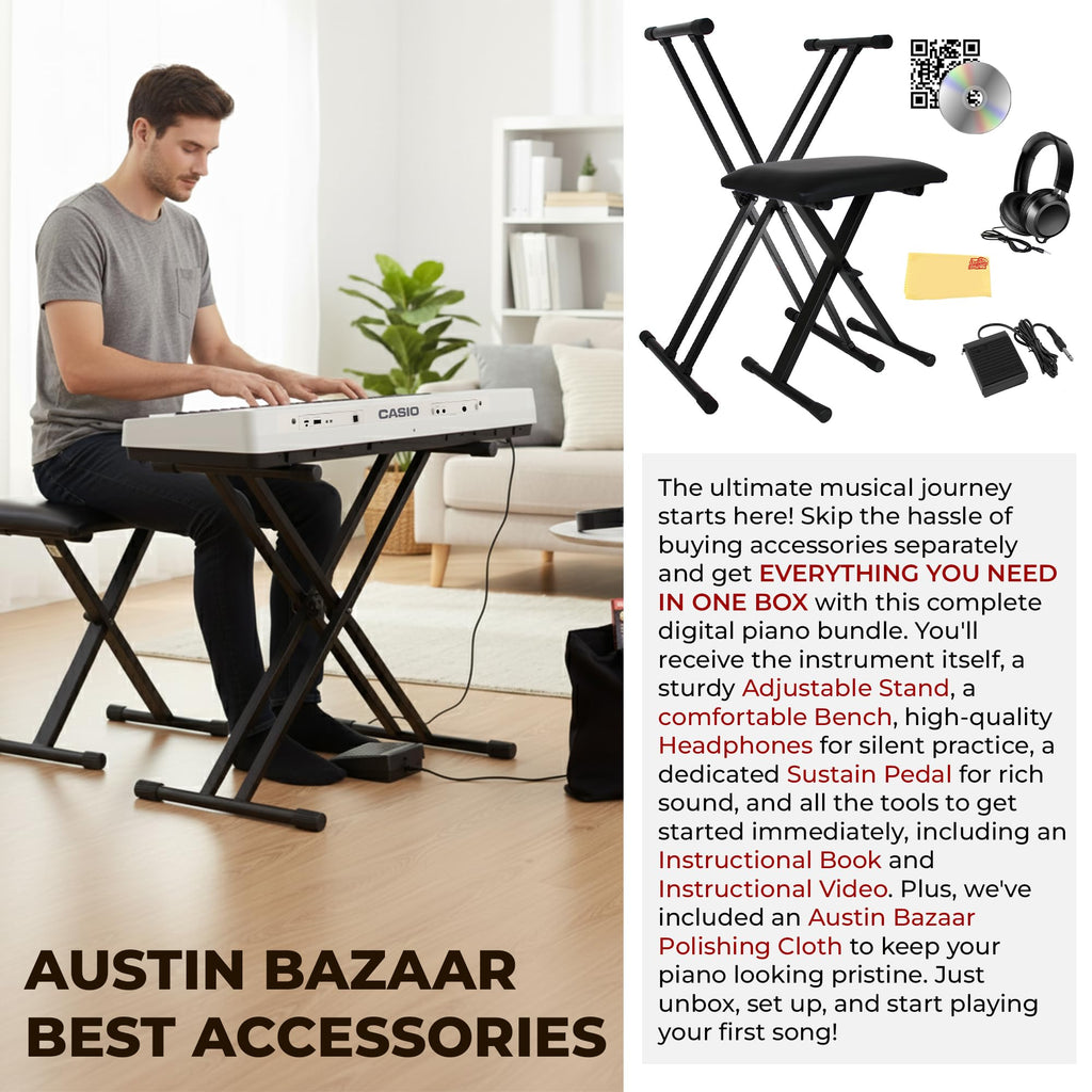 Casio CT-S1 Casiotone 61-Key Portable Keyboard - Black Bundle with Adjustable Stand, Bench, Headphones, Sustain Pedal, Instructional Book, Instructional DVD, and Austin Bazaar Polishing Cloth