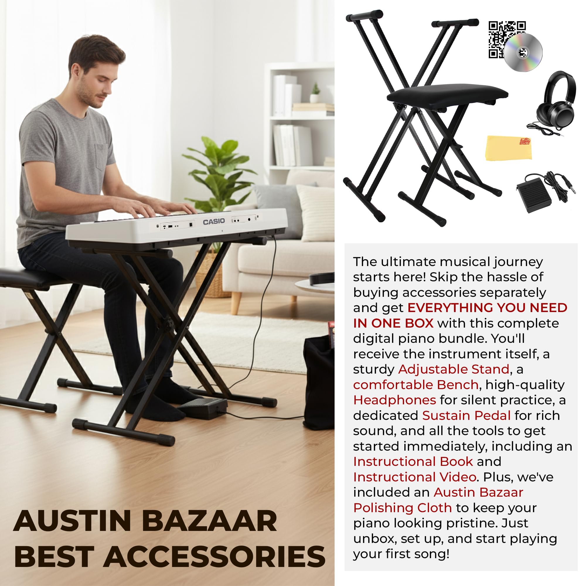 Casio CT-S1 Casiotone 61-Key Portable Keyboard - Black Bundle with Adjustable Stand, Bench, Headphones, Sustain Pedal, Instructional Book, Instructional DVD, and Austin Bazaar Polishing Cloth