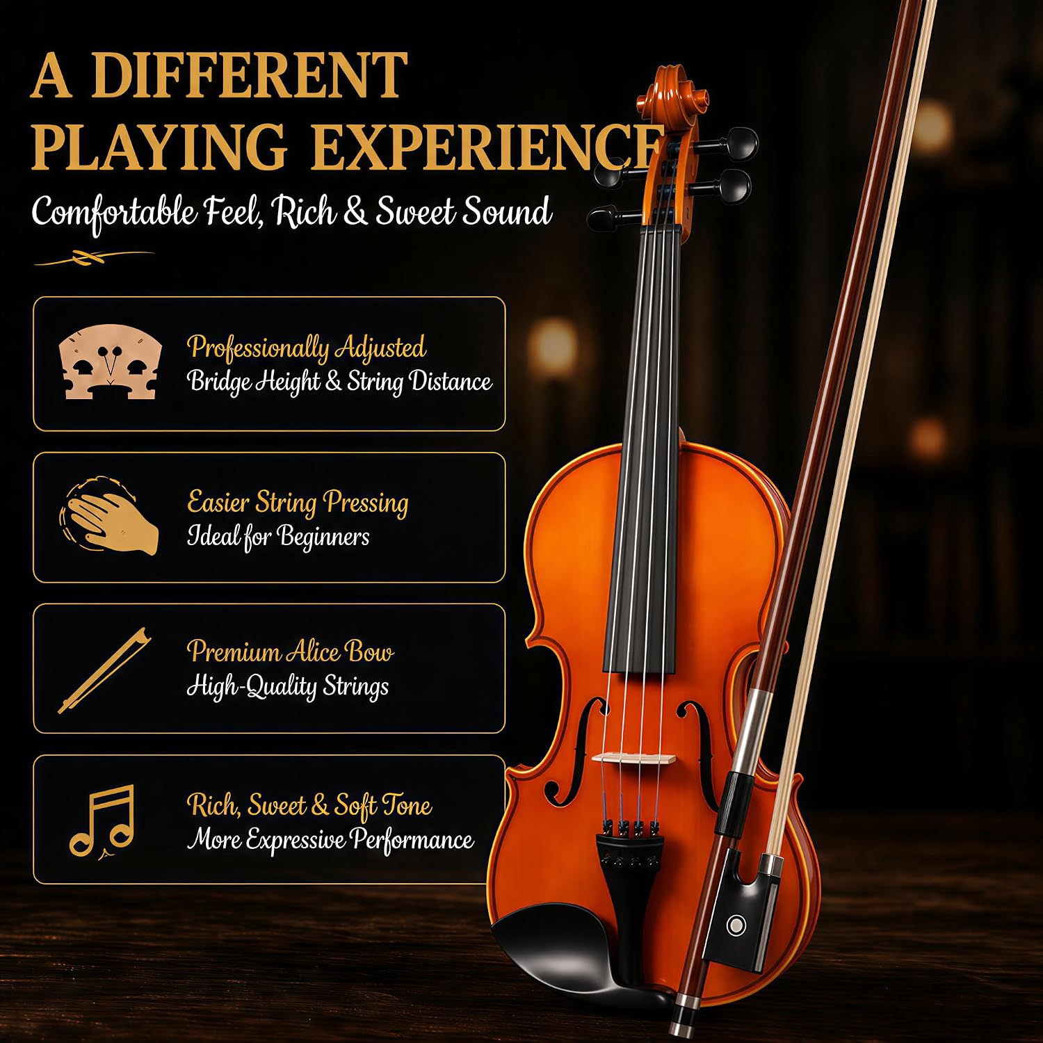 Handcrafted Solid Wood Violin 4/4 Full Size, Acoustic Fiddle with Gradient Finish, Ebony Fingerboard & Fittings, High-End Full Size Violin Kit with Ebony Bow, Alice Strings, and Deluxe Case