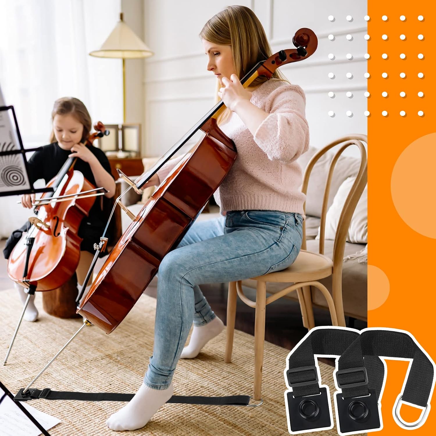 2 Pcs Cello Endpin Anchor Non Slip Stopper Cello Antiskid Device Adjustable Strap with 2 Pieces Rubber End Pin Protector Musical Instrument Accessories, Black (Rubber Stopper Included)