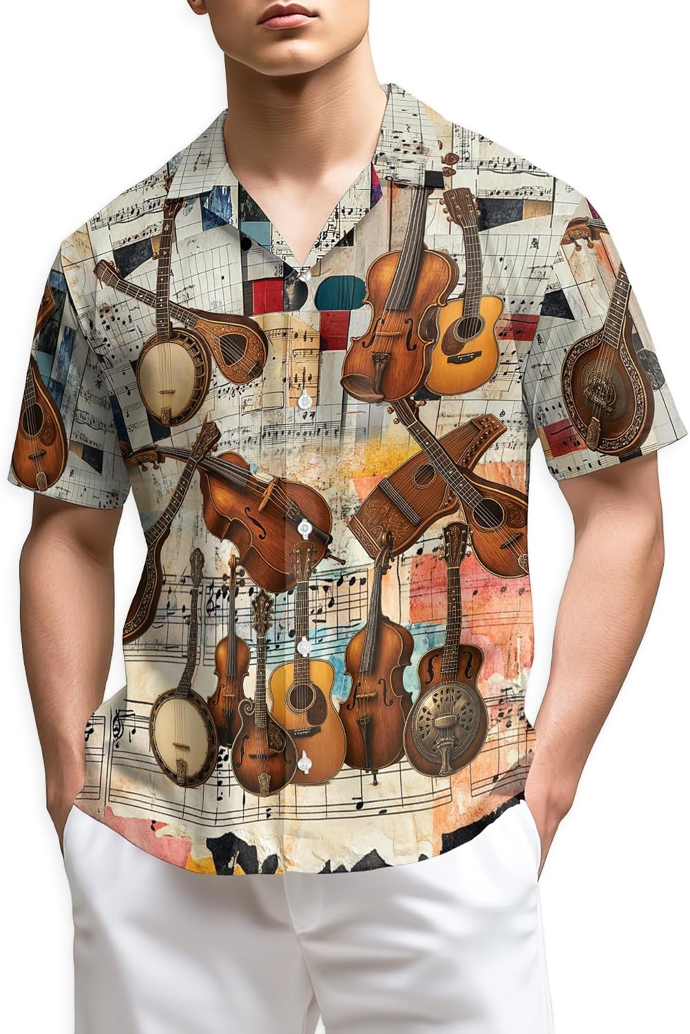 Trombone Pattern Hawaiian Shirt for Men, Summer Vacation Button Down Shirt, Aloha Beach Short Sleeve Shirt, S-5XL
