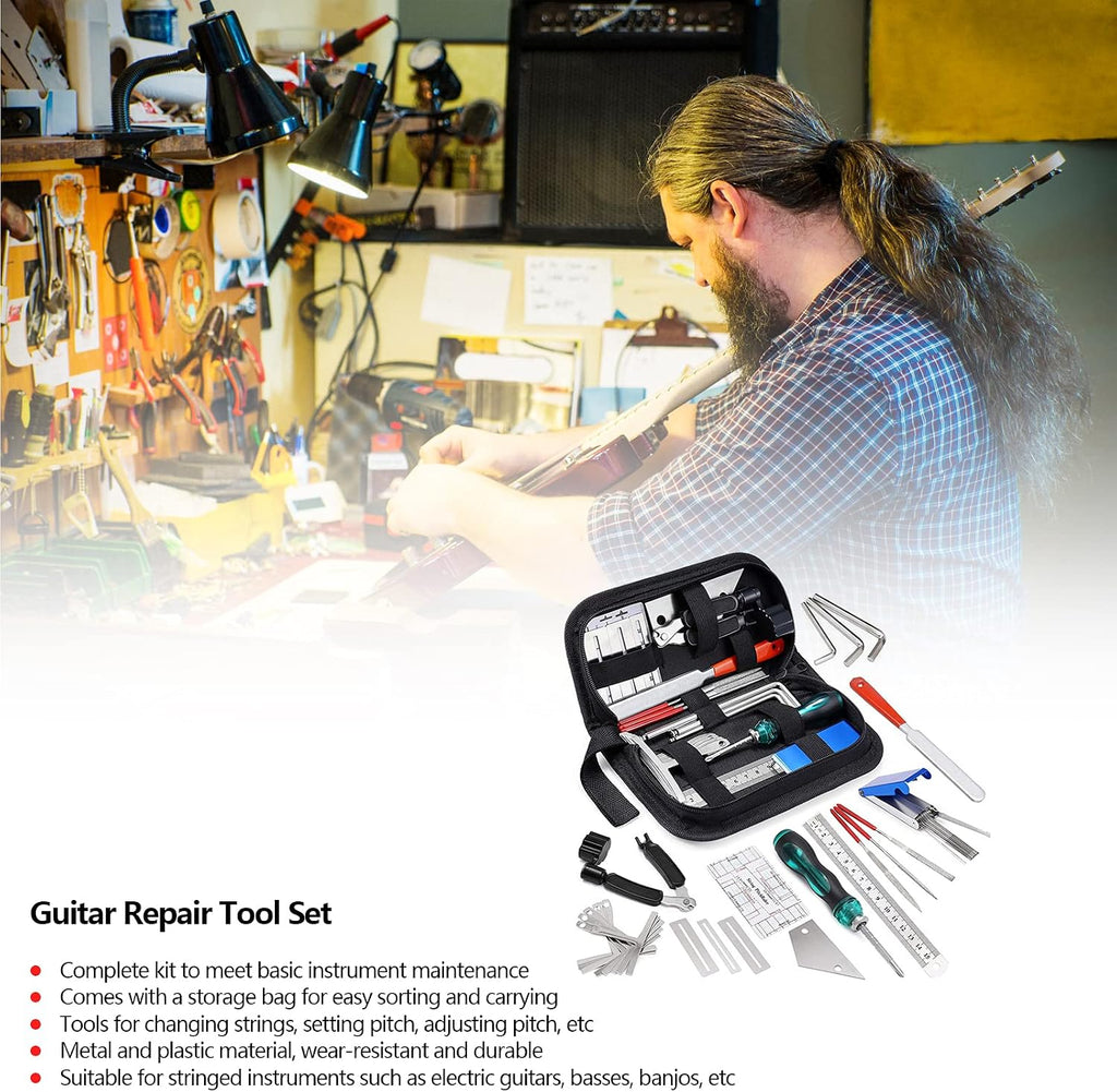 25Pcs Guitar Repairing Tools Kit Setup Kit Includes Carry Bag String Organizer Fingerboard Protector String Action Ruler Gauge for Guitar Ukulele Bass Mandolin Banjo