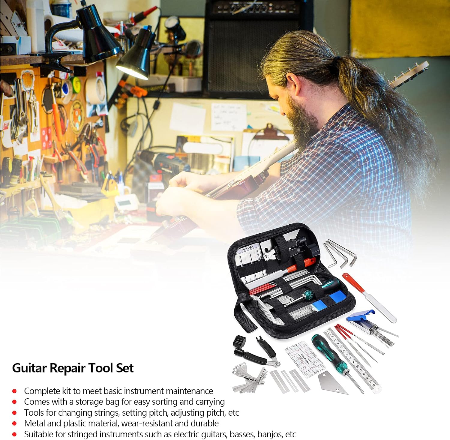 25Pcs Guitar Repairing Tools Kit Setup Kit Includes Carry Bag String Organizer Fingerboard Protector String Action Ruler Gauge for Guitar Ukulele Bass Mandolin Banjo