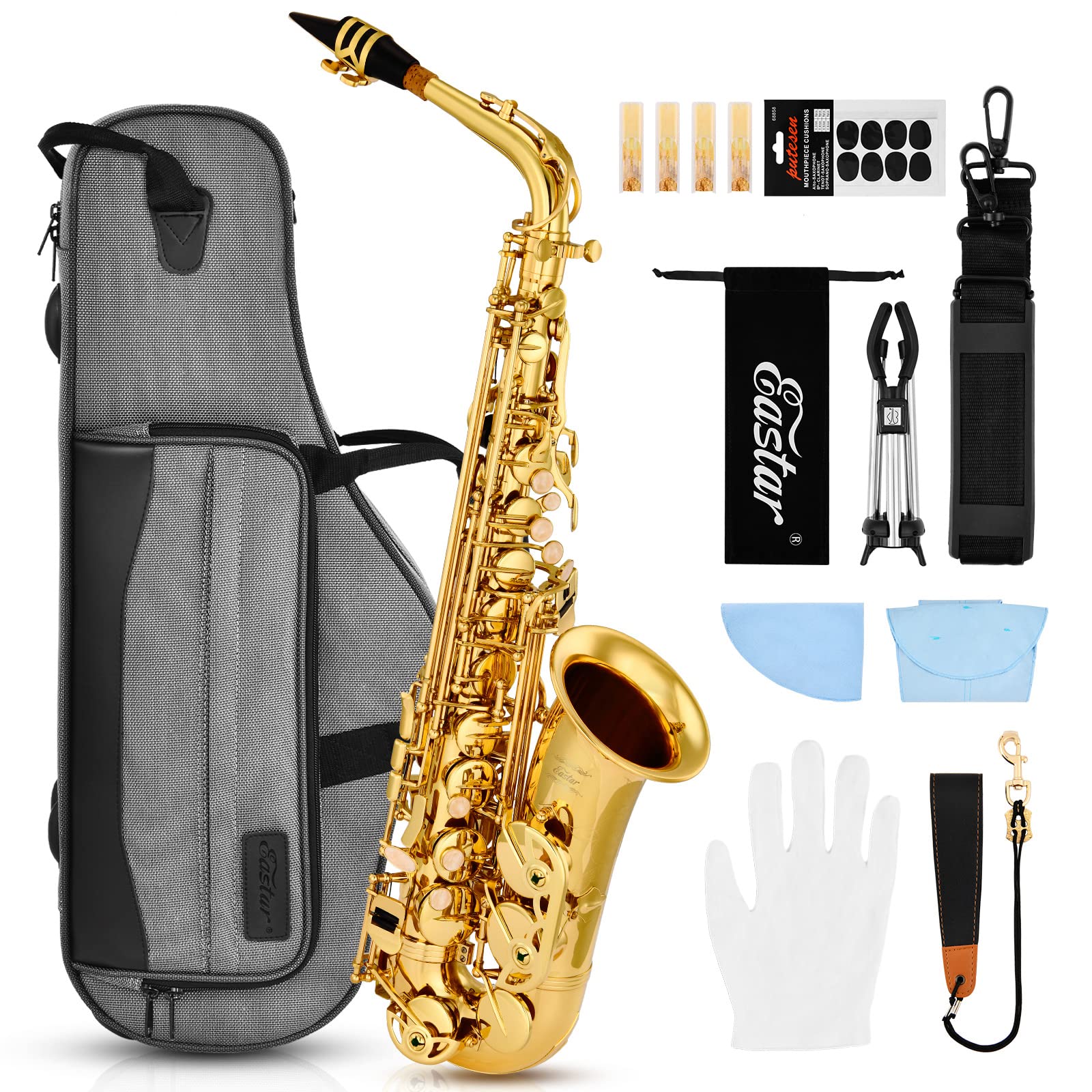 Eastar Student Alto Saxophone E Flat for Beginner Sax Full Kit with Carrying Case, Mouthpiece, Straps, Reeds, Stand, Golden Lacquer, AS-Ⅱ