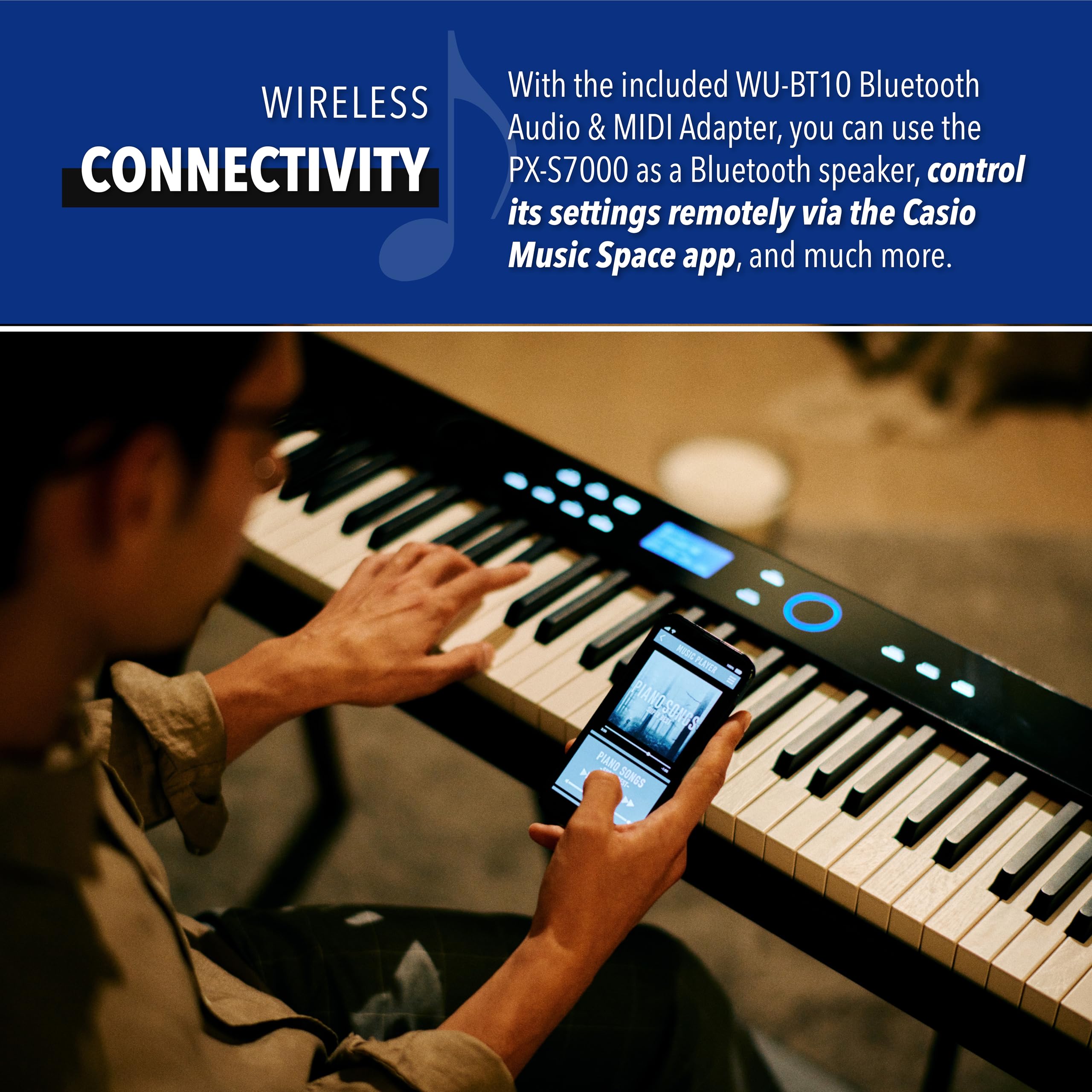 Casio Privia PX-S7000 Portable Digital Piano w/88 Hybrid Weighted Keys, 400 Tones, Touch Sensor Controls, Stand w/ 3 Pedals, Bluetooth, USB, AC Adapter, 32W Speakers, Harmonious Mustard (PX-S7000HM)