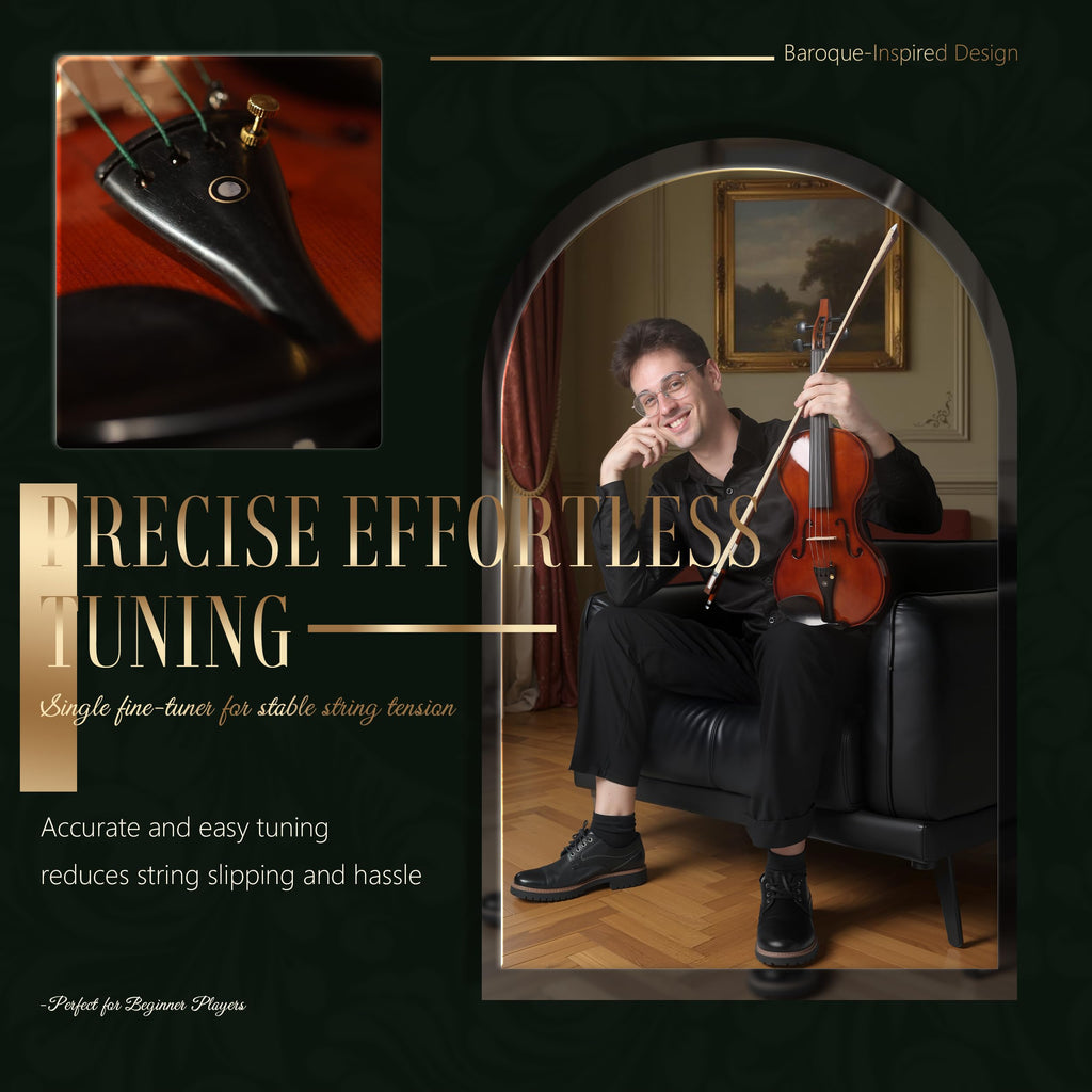 AKLOT Handcrafted Full Size Violin: Solid Wood Matte Fiddle, Acoustic Beginner 4/4 Violin Kit with Hard Case, Lesson Book, Bow, Shoulder Rest, Extra Strings, Tuner, Fretboard Stickers (VRT-AmiCS)