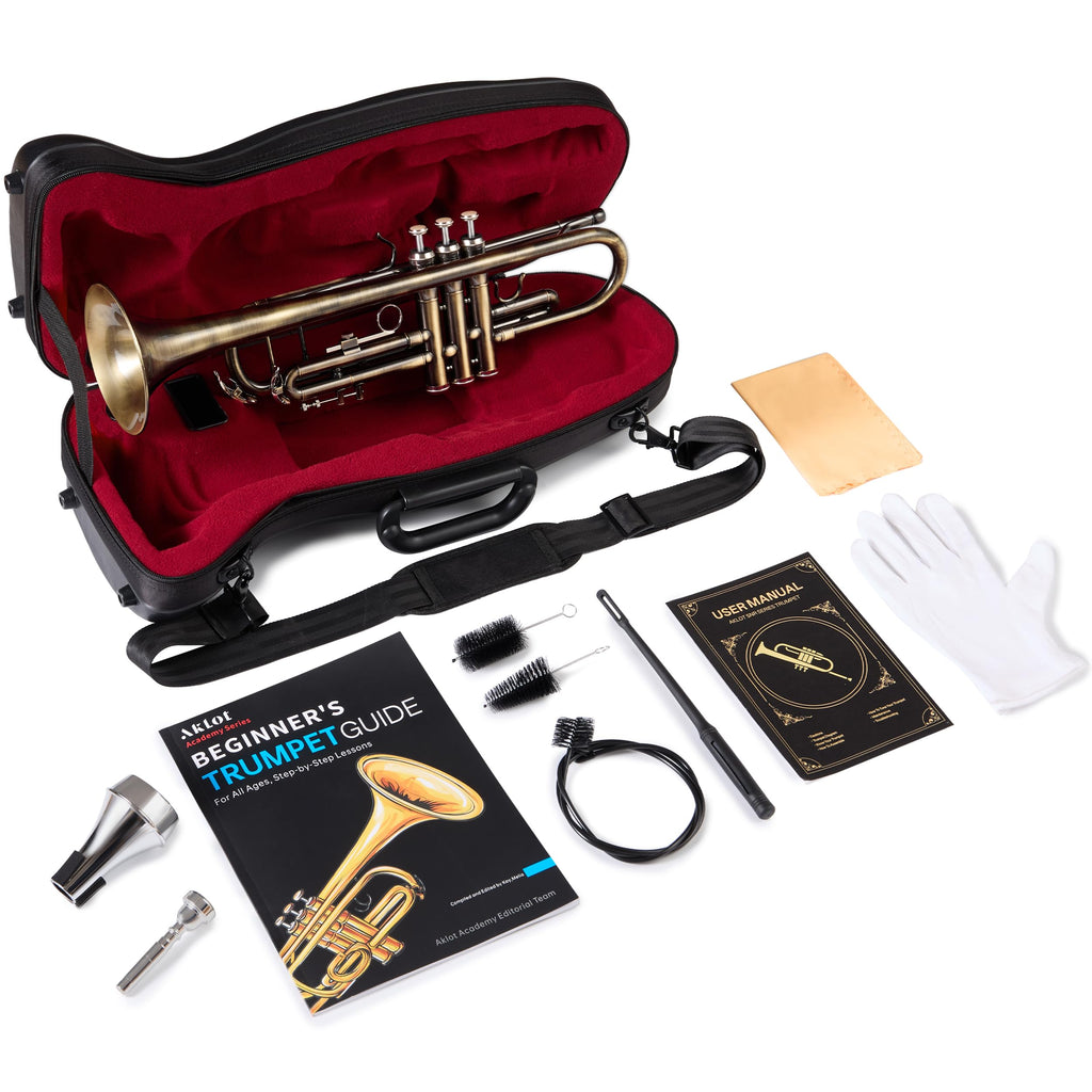 AKLOT Hand-Hammered Bell Bb Trumpet: Smooth Valve Action, Clear-Lacquered Brass Body, Standard Trumpet Beginner Set with Leather Case, Lesson Book, Trumpet Mute, Mouthpiece, Cleaning Kit (SNR-BrzSF)