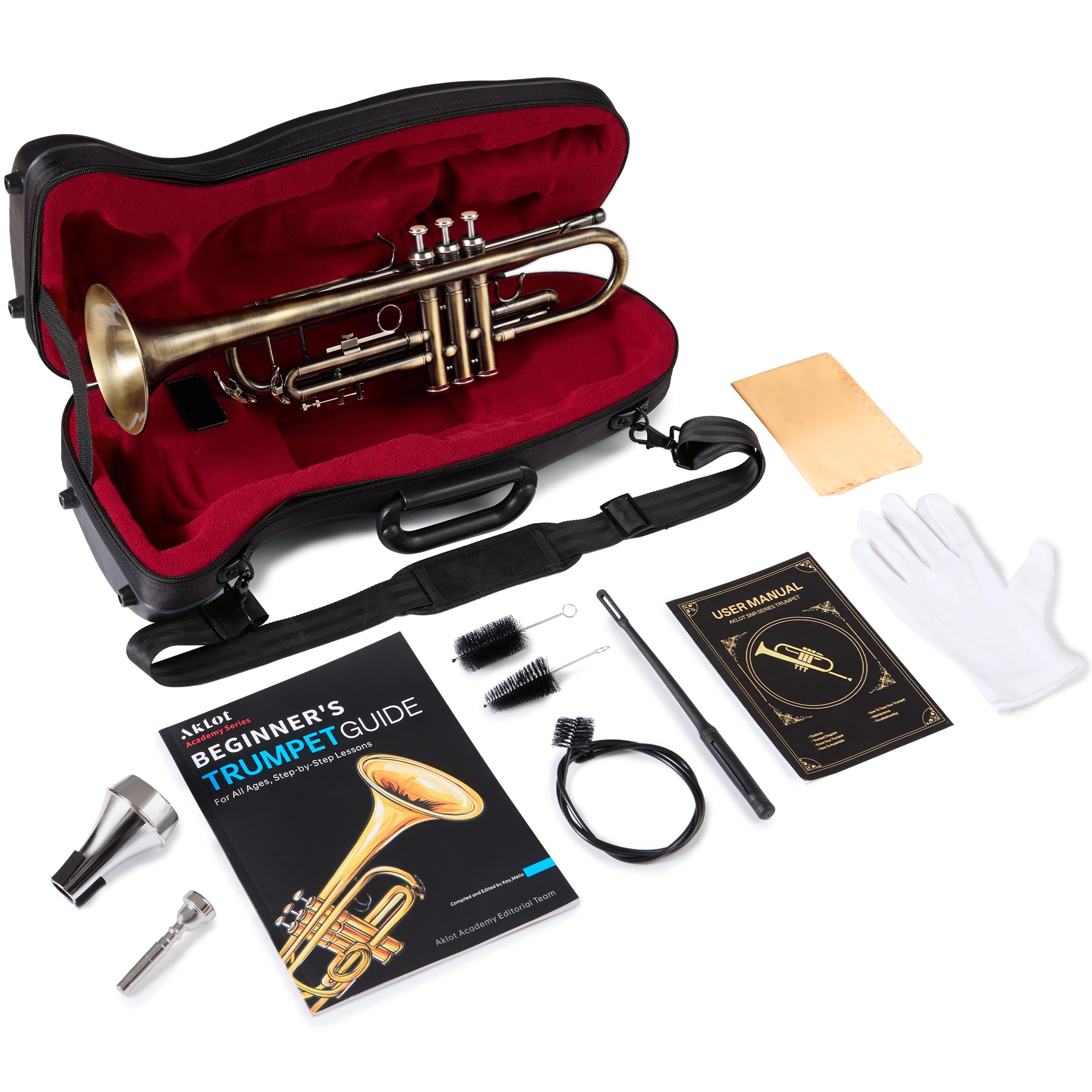 AKLOT Hand-Hammered Bell Bb Trumpet: Smooth Valve Action, Clear-Lacquered Brass Body, Standard Trumpet Beginner Set with Leather Case, Lesson Book, Trumpet Mute, Mouthpiece, Cleaning Kit (SNR-BrzSF)