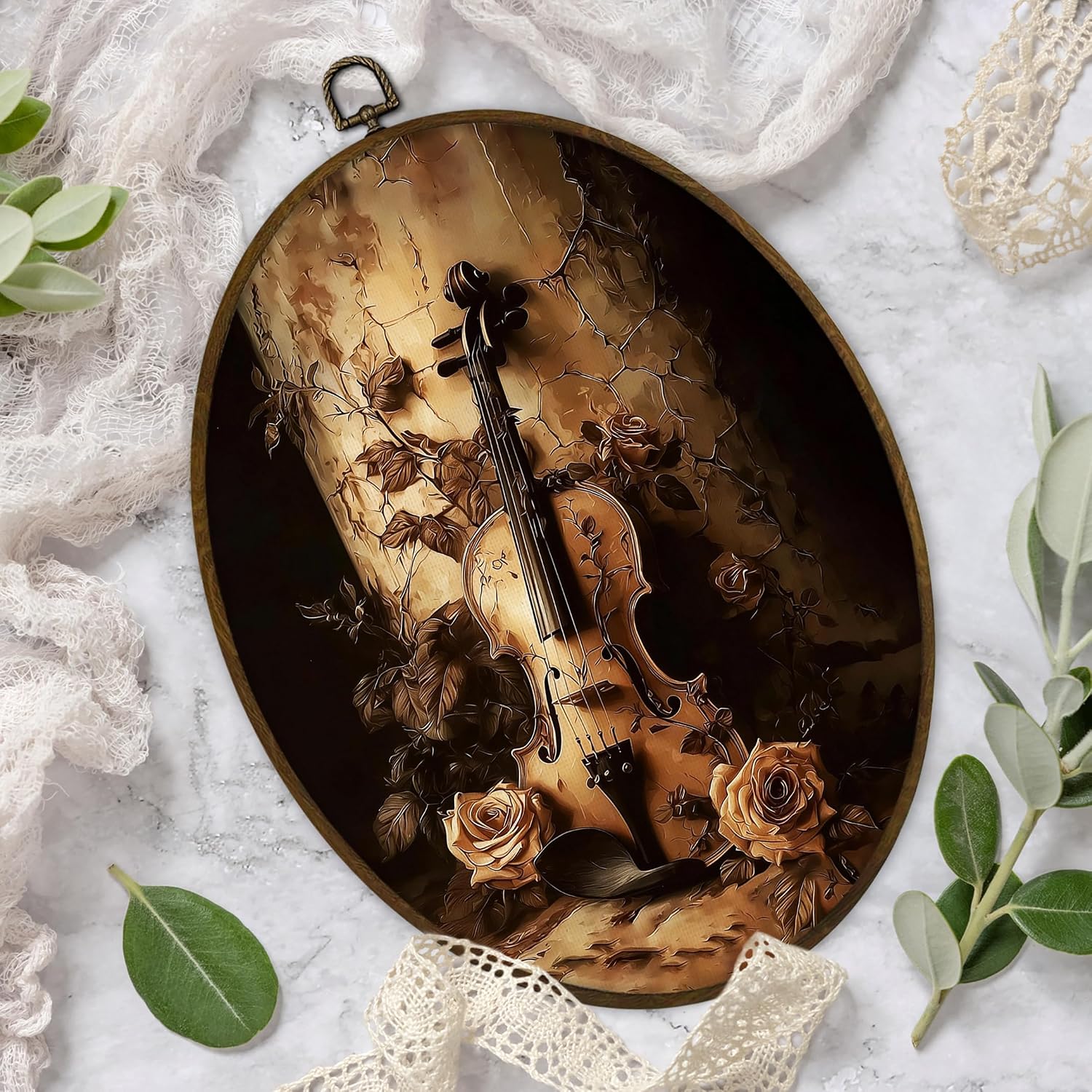 Gnmduw Vintage Cello Floral Oval Wall Art Framed, Dark Academia Cello Canvas Prints Hanging Decor, Antique Moody Cellos Flower Wall Decor for Music Room Bathroom, Gift for Musician, 8.7x11.3 Inch