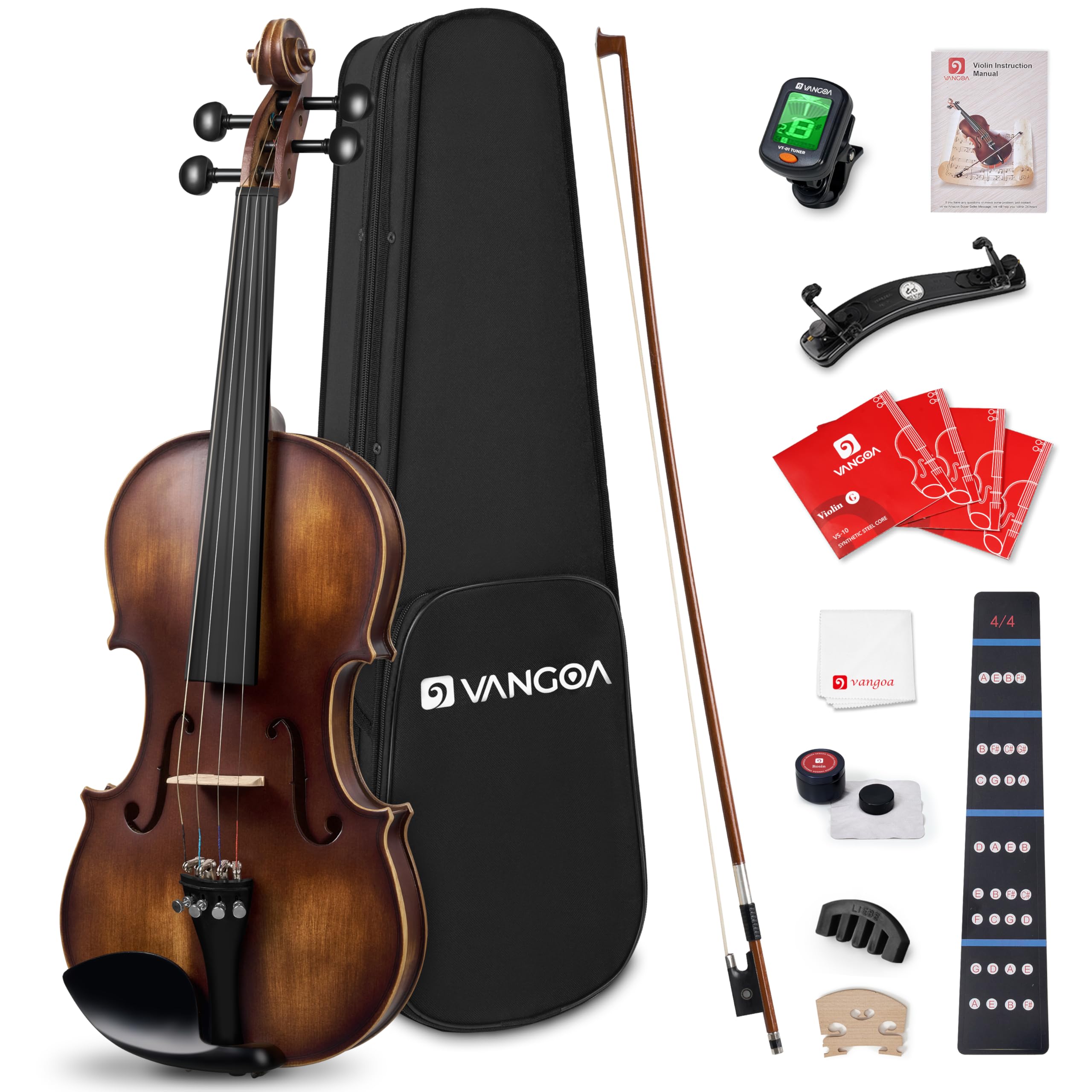 Vangoa Violin 4/4 Full Size Set, Varnish Fiddle Solid Wood for Professional Adults Senior Intermediate Beginners Student Starter Acoustic Violins Kit Outfit with Ebony Fitted, Hard Case, Right Handed