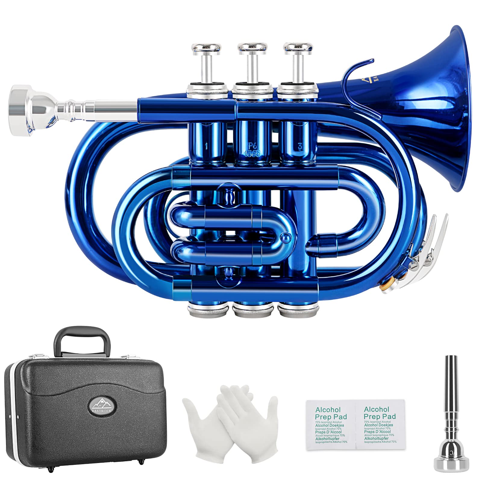 EastRock Pocket Trumpet Brass Bb Nickel Plated Trumpet with 7 C Mouthpiece, Hard Case, Strap, White Gloves, Cleaning Kit for Students and Beginners