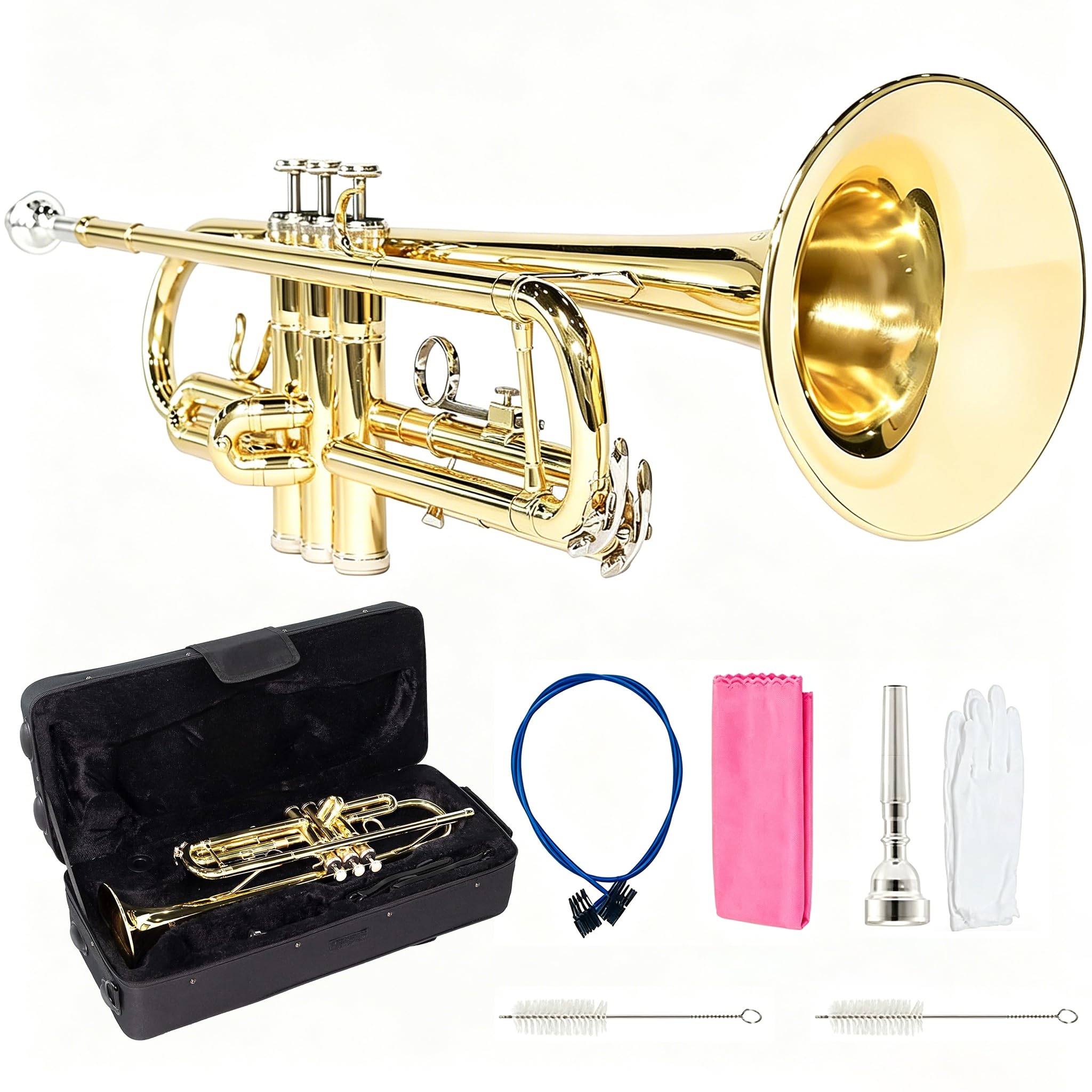 LeSage Bb Standard Trumpet Set for Beginner, Brass Student Trumpet with Carrying Case, Care Kit, Valve Oil, Cloth, 7C Mouthpiece & Gloves Silver