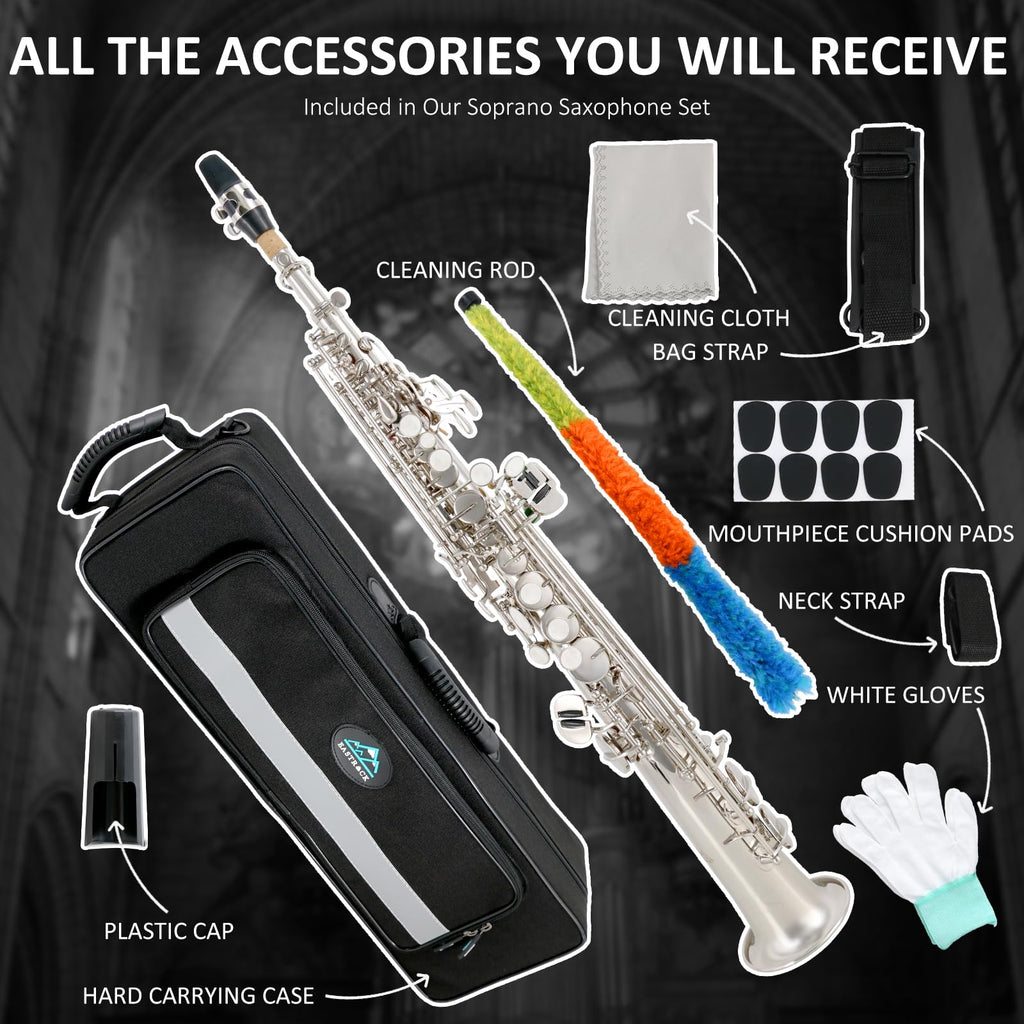 EASTROCK Soprano Saxophone Curved Bb Flat Black Sax Instruments for Beginners Intermediate Players with Carrying Case,Mouthpiece,Pads,Reed,Cleaning kit,neck Strap,White Gloves