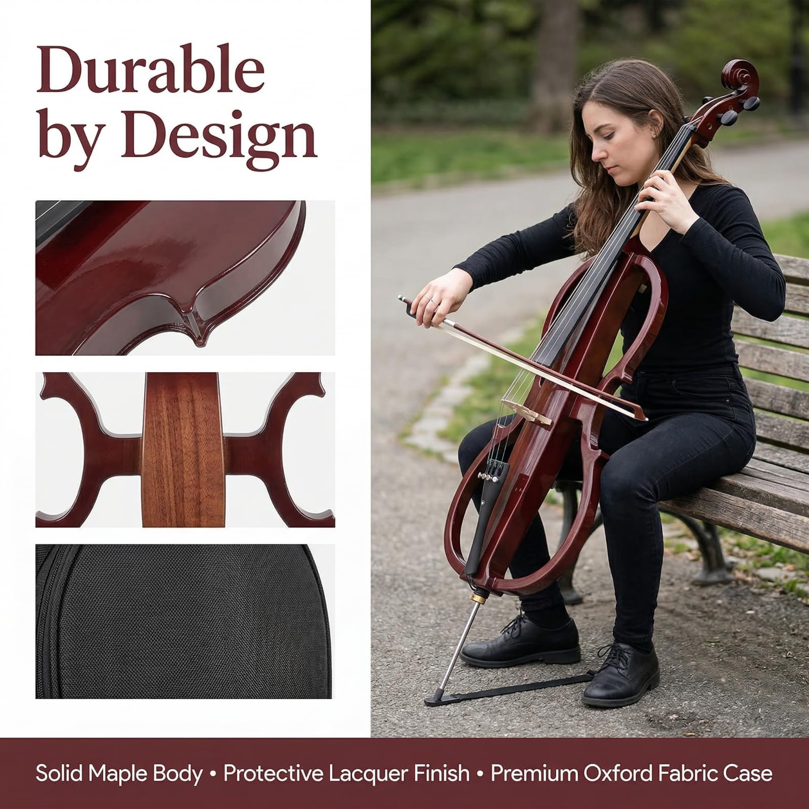 Electric Cello 4/4 Full Size Ebony Fittings with Lightweight Cello Bag, Headphones, Bow, Bridge, Rosin, Cello for Beginners Adults(Metallic Black) (Metallic Red Peach Heart -Cellos)