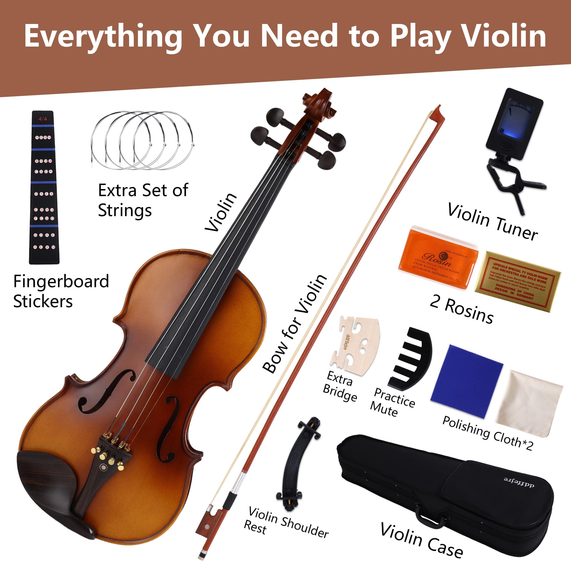 Violin 4/4 Full Size,Beginner Violin For Kids,Students,Adults,Fiddle Set with Hard Case,Bow,Rosin,Shoulder Rest,Tuner,Extra Strings,Bridge,Fingerboard Stickers