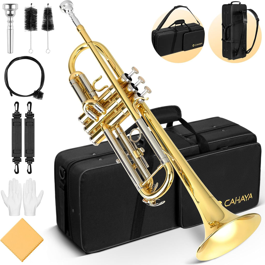 CAHAYA Bb Trumpet Instrument Trompeta: Brass Student Trumpet with Hard Case 7C Mouthpiece Gloves Standard Trumpets for Beginners or Advanced Students Gold | Bb Student Trumpet with Hard Case 7C Mouthpiece Gloves Smooth Valves Standard Trumpets for Beginne