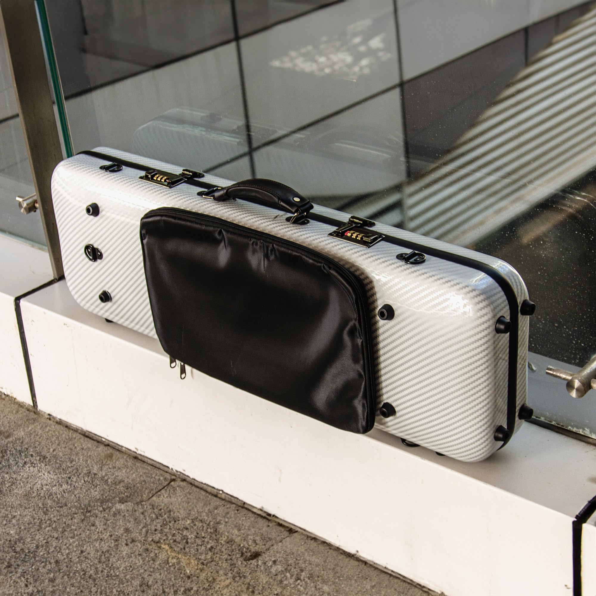 Christina 4/4 Full Size Violin case High-Strength Carbon Fiber Rectangular Violin Music Bag With Combination Lock and Extra Bag White Violin Hard Case (VB-Square-White Stripe spot)