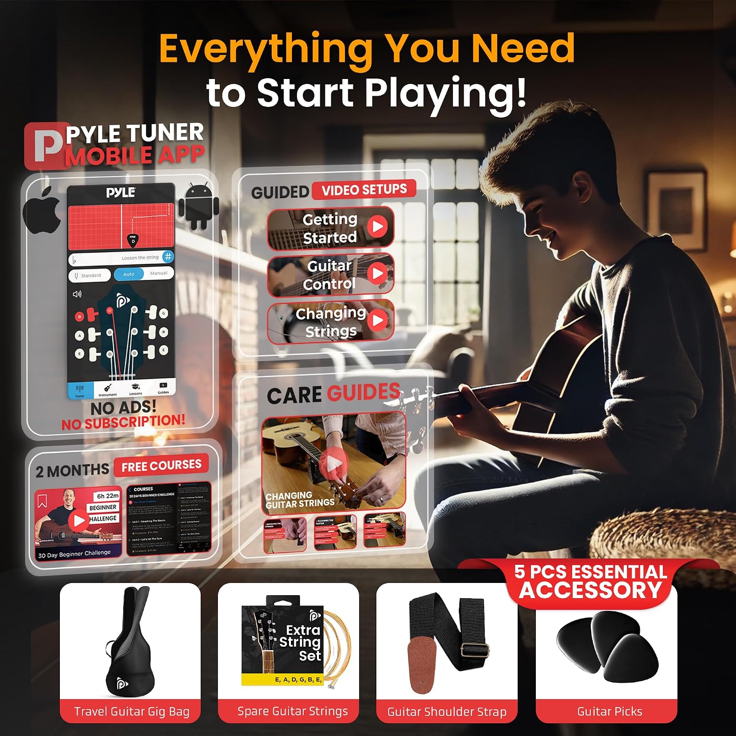 Pyle Electro Resophonic Acoustic Electric Guitar Set, Full Size Round Neck Traditional Resonator, Built-in Pre Amplifier, White