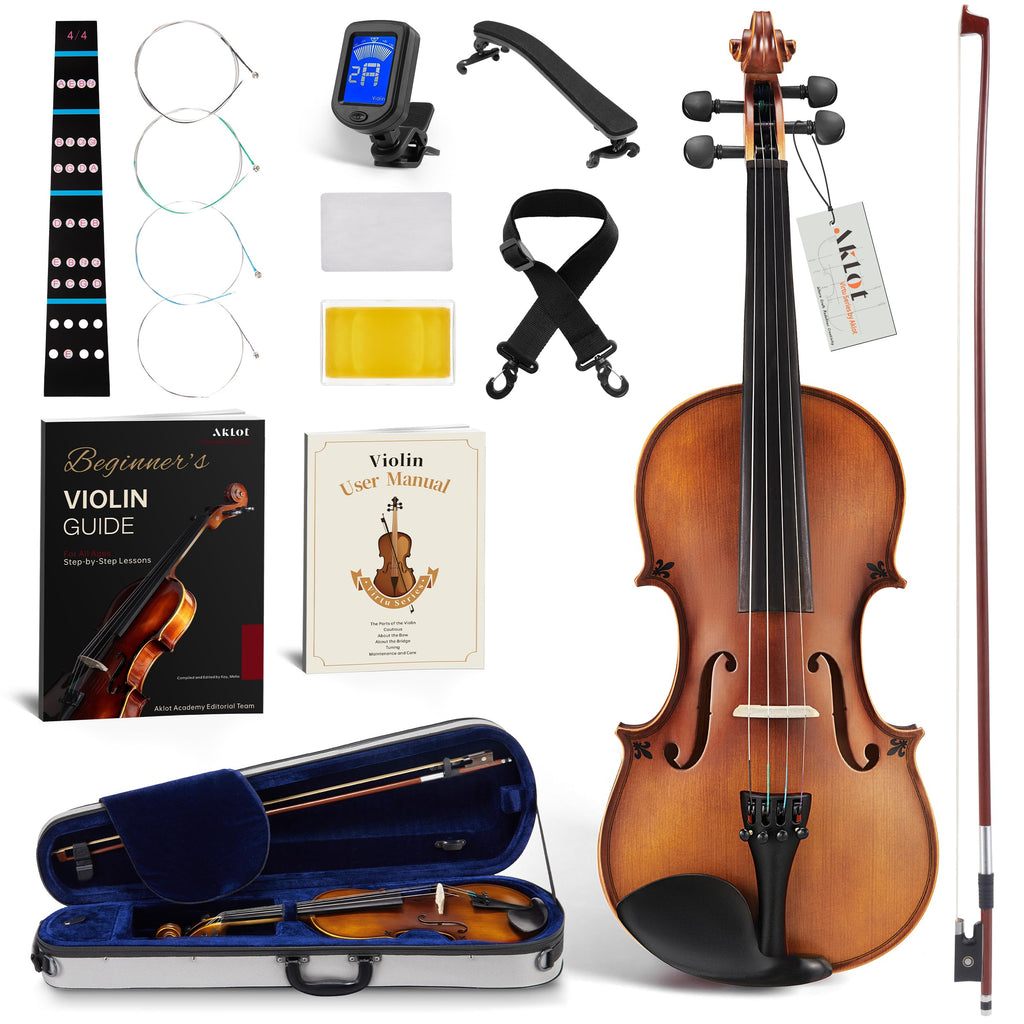 AKLOT Handcrafted Full Size Violin: Solid Wood Matte Fiddle, Acoustic Beginner 4/4 Violin Kit with Hard Case, Lesson Book, Bow, Shoulder Rest, Extra Strings, Tuner, Fretboard Stickers (VRT-AmiCS)